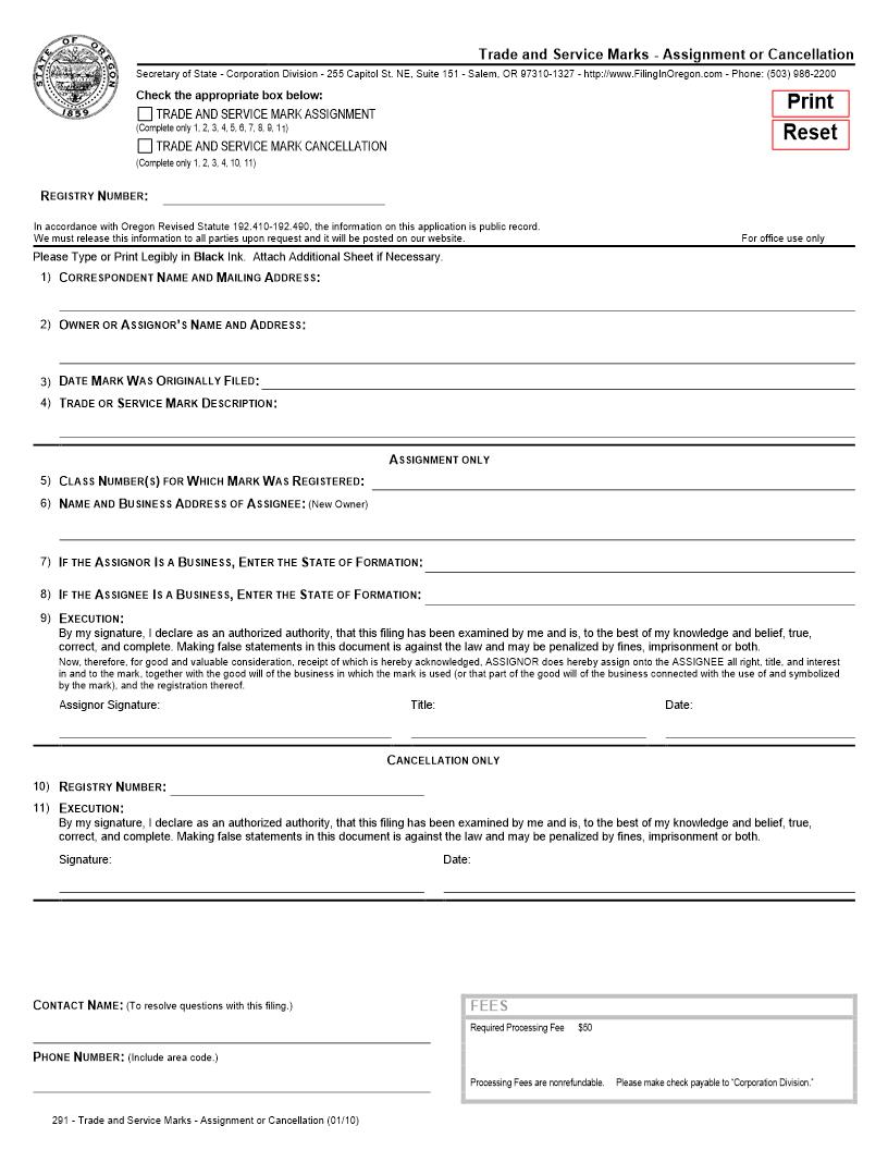 Trade And Service Marks - Assignment Or Cancellation {291} | Pdf Fpdf Doc Docx | Oregon