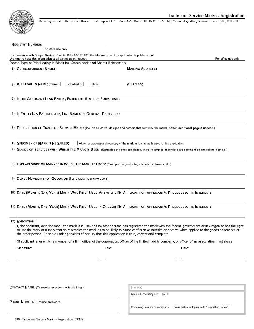 Trade And Service Marks - Registration {290} | Pdf Fpdf Doc Docx | Oregon