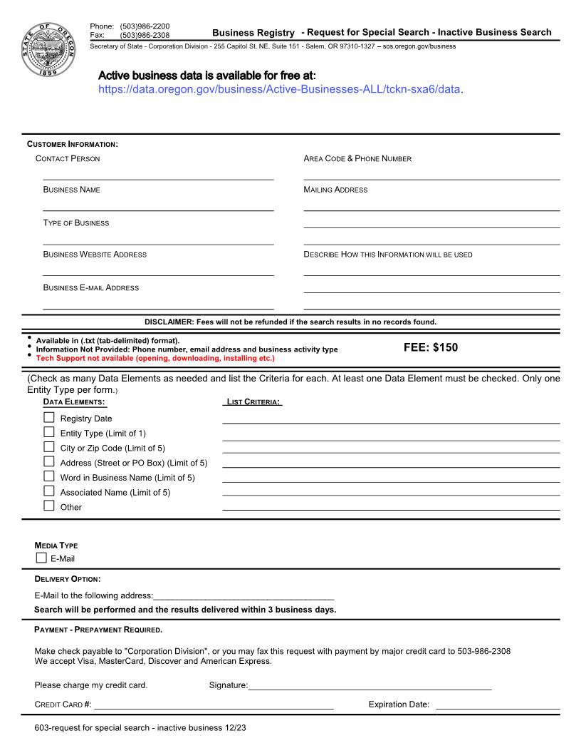 Request For Special Search {603} | Pdf Fpdf Doc Docx | Oregon