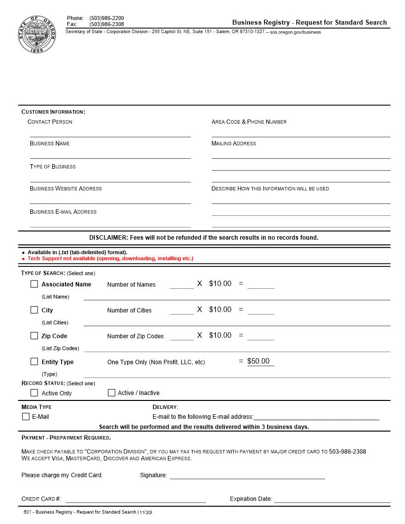 Request for Special Search (Business Registry) {601} | Pdf Fpdf Doc Docx | Oregon
