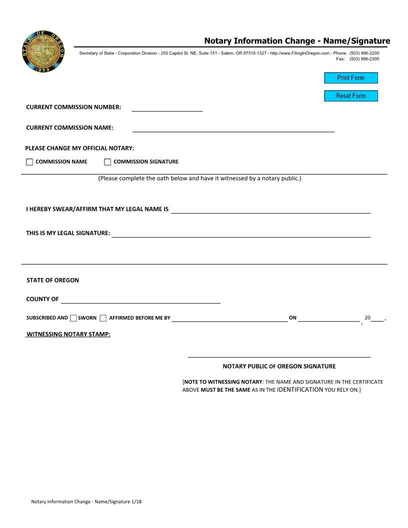 Notary Information Change Name-Signature | Pdf Fpdf Docx | Oregon