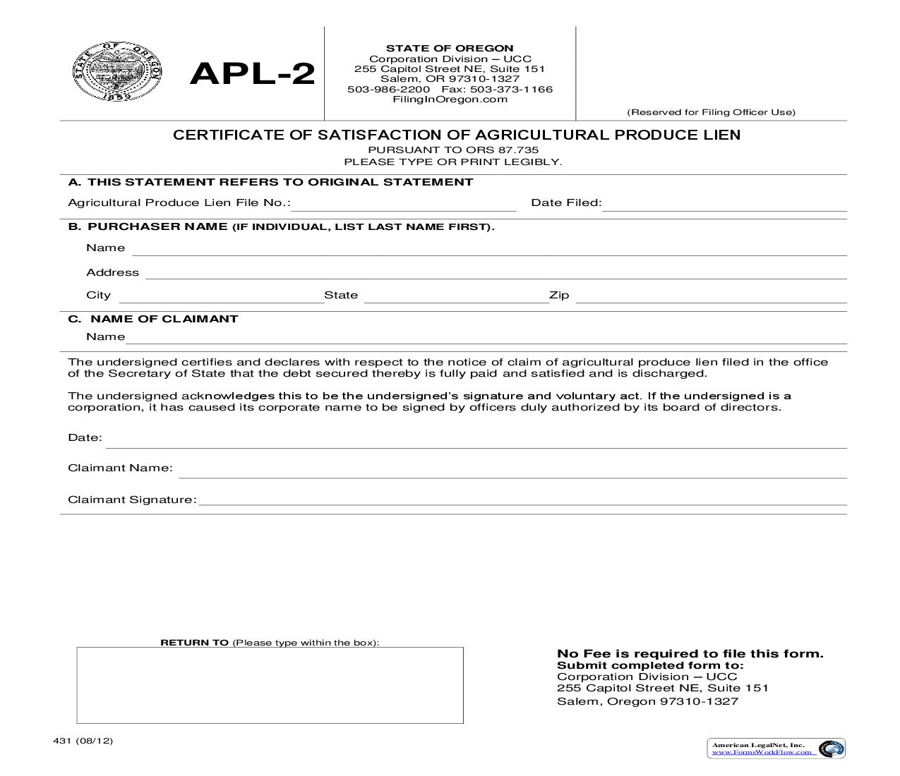 Certificate Of Satisfaction Of Agricultural Produce Lien (APL-2) {431} | Pdf Fpdf Doc Docx | Oregon