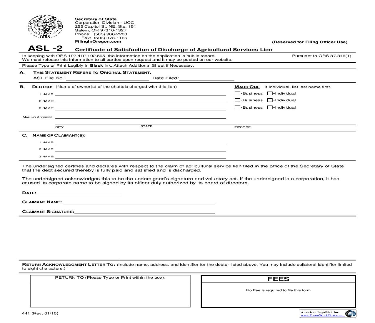 Certificate Of Satisfaction Of Discharge Of Agricultural Services Lien (ASL-2) {441} | Pdf Fpdf Doc Docx | Oregon