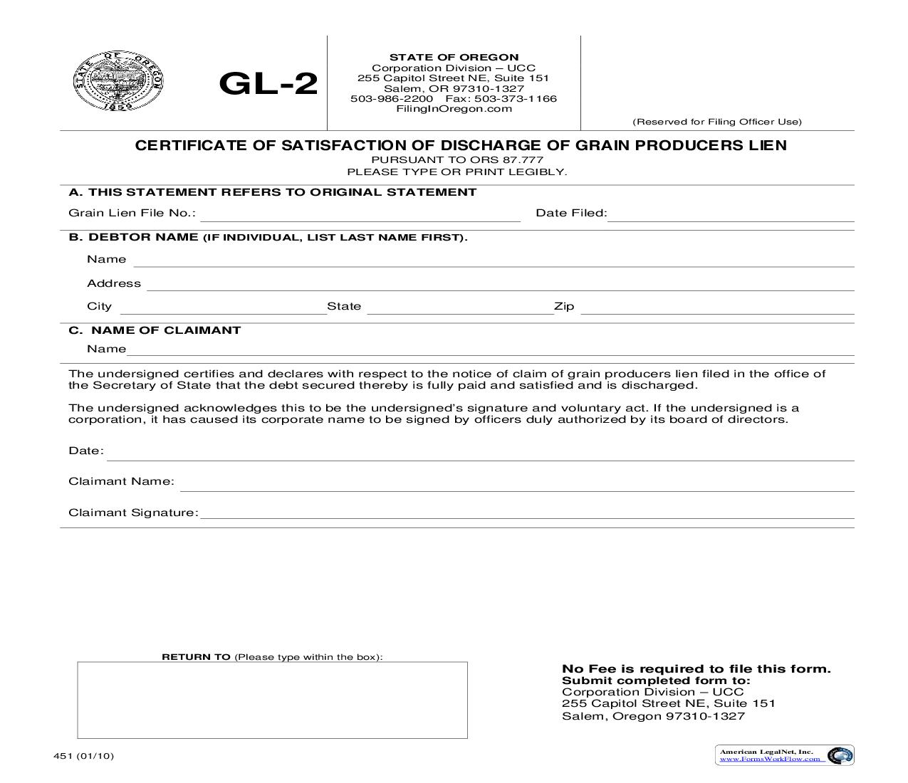 Certificate Of Satisfaction Of Discharge Of Grain Producers Lien (GL-2) {451} | Pdf Fpdf Doc Docx | Oregon