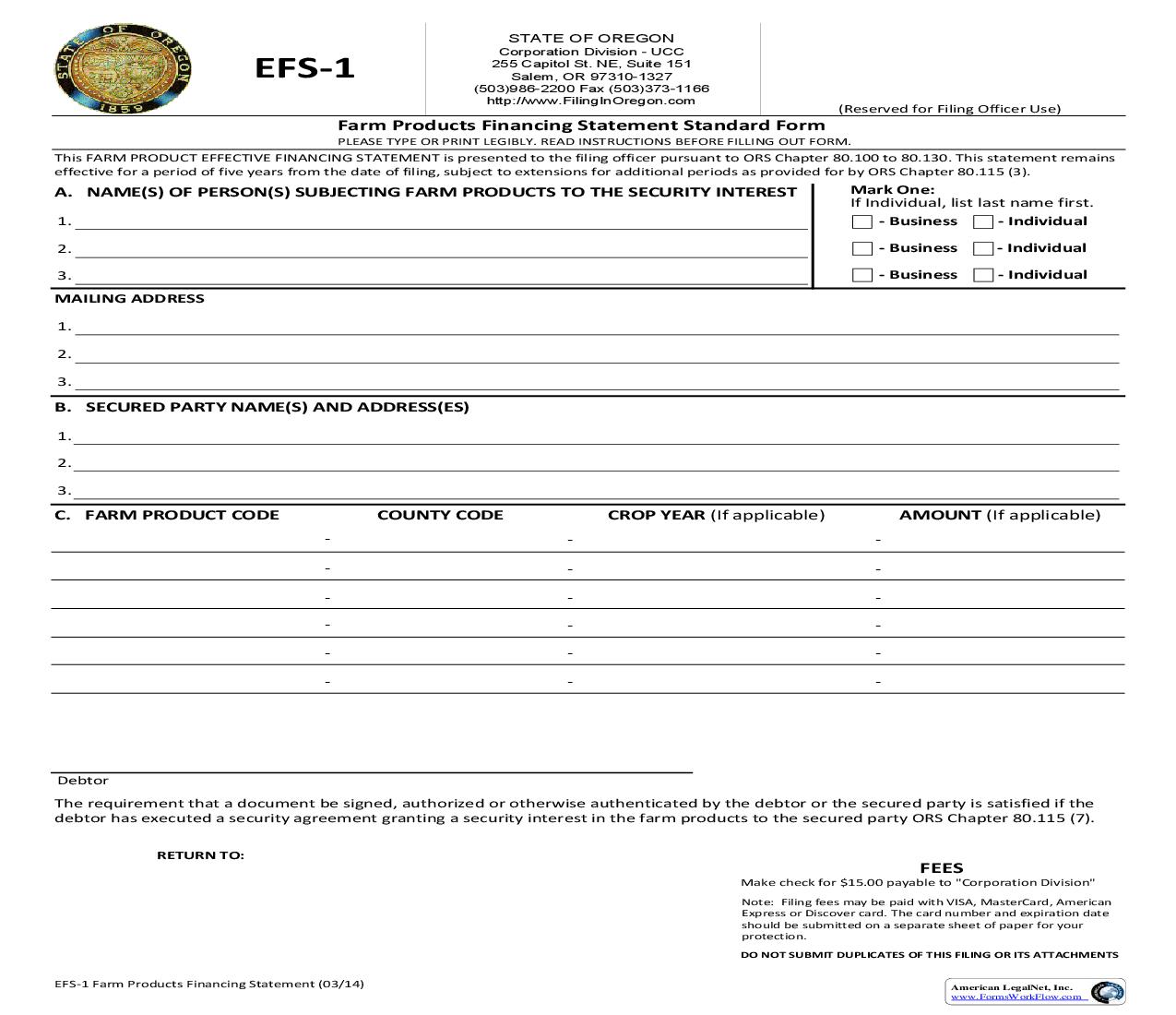 Farm Products Financing Statement Standard Form (EFS-1) {420} | Pdf Fpdf Doc Docx | Oregon