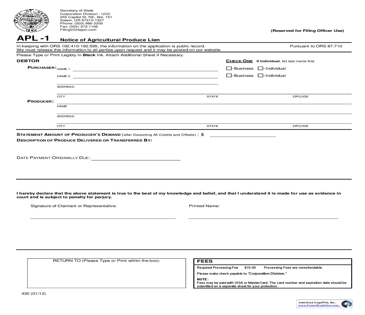 Notice Of Agricultural Produce Lien (APL-1) {430} | Pdf Fpdf Doc Docx | Oregon