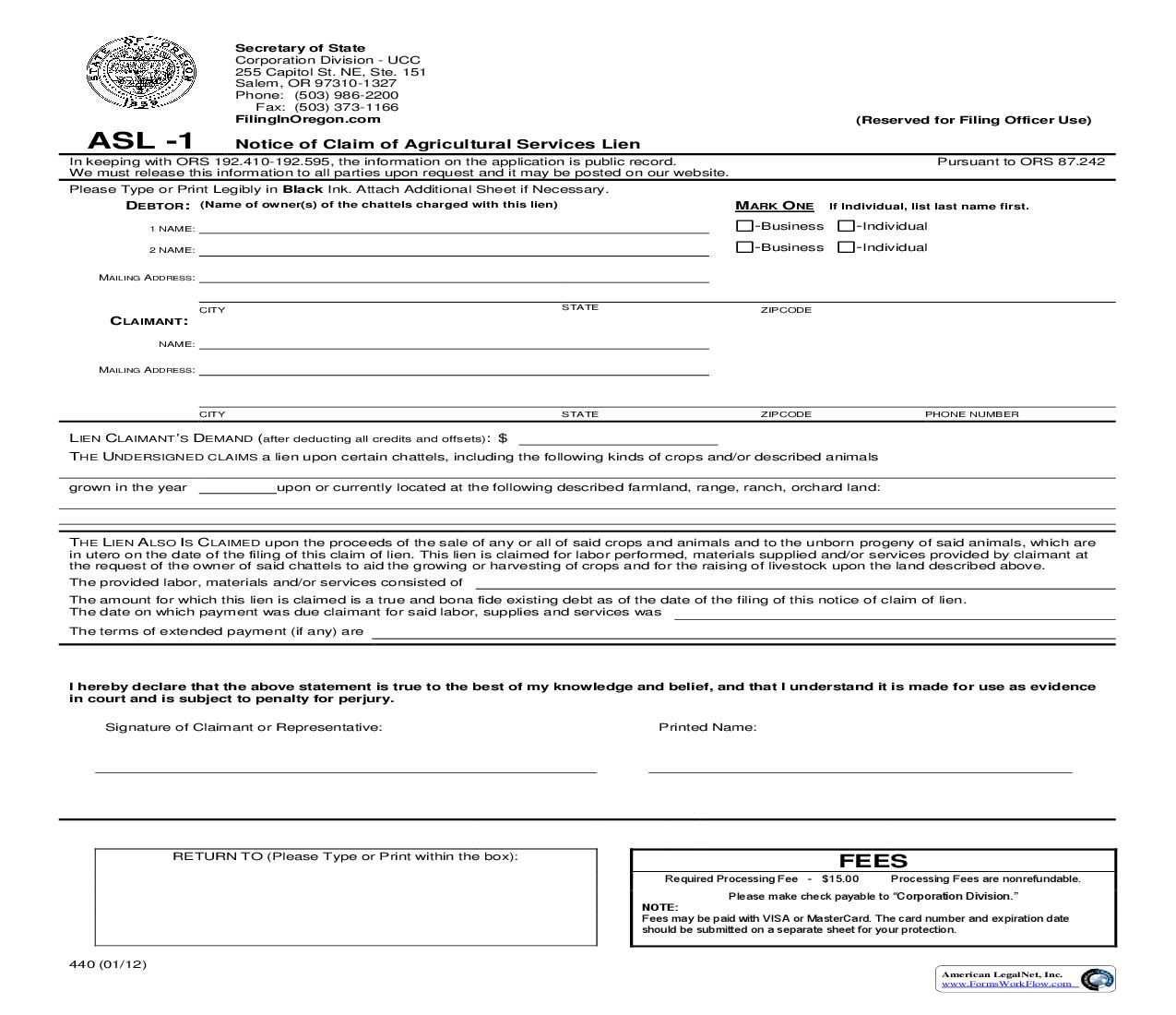Notice Of Claim Of Agricultural Services Lien (ASL-1) {440} | Pdf Fpdf Doc Docx | Oregon