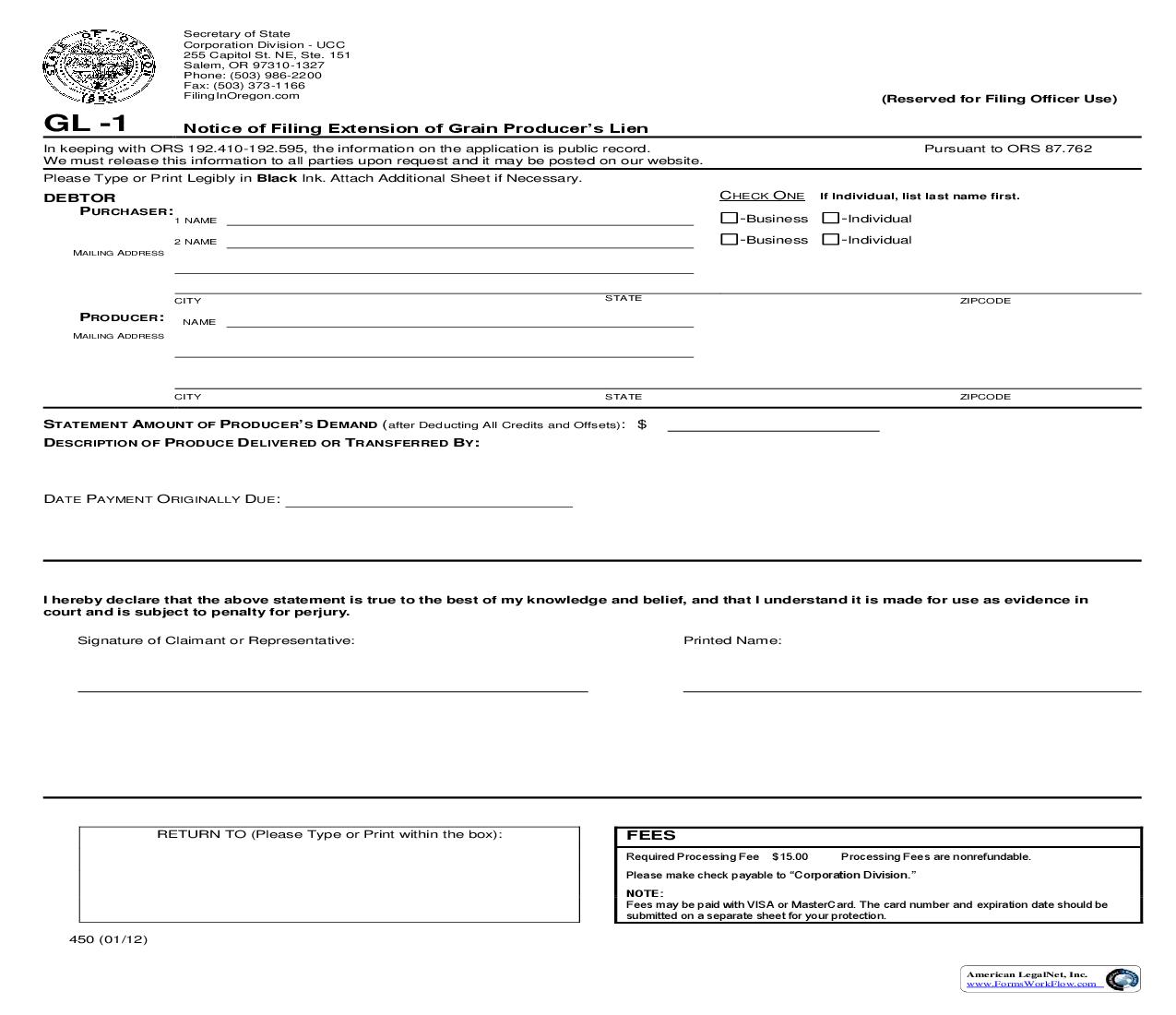 Notice Of Filing Extension Of Grain Producers Lien (GL-1) {450} | Pdf Fpdf Doc Docx | Oregon