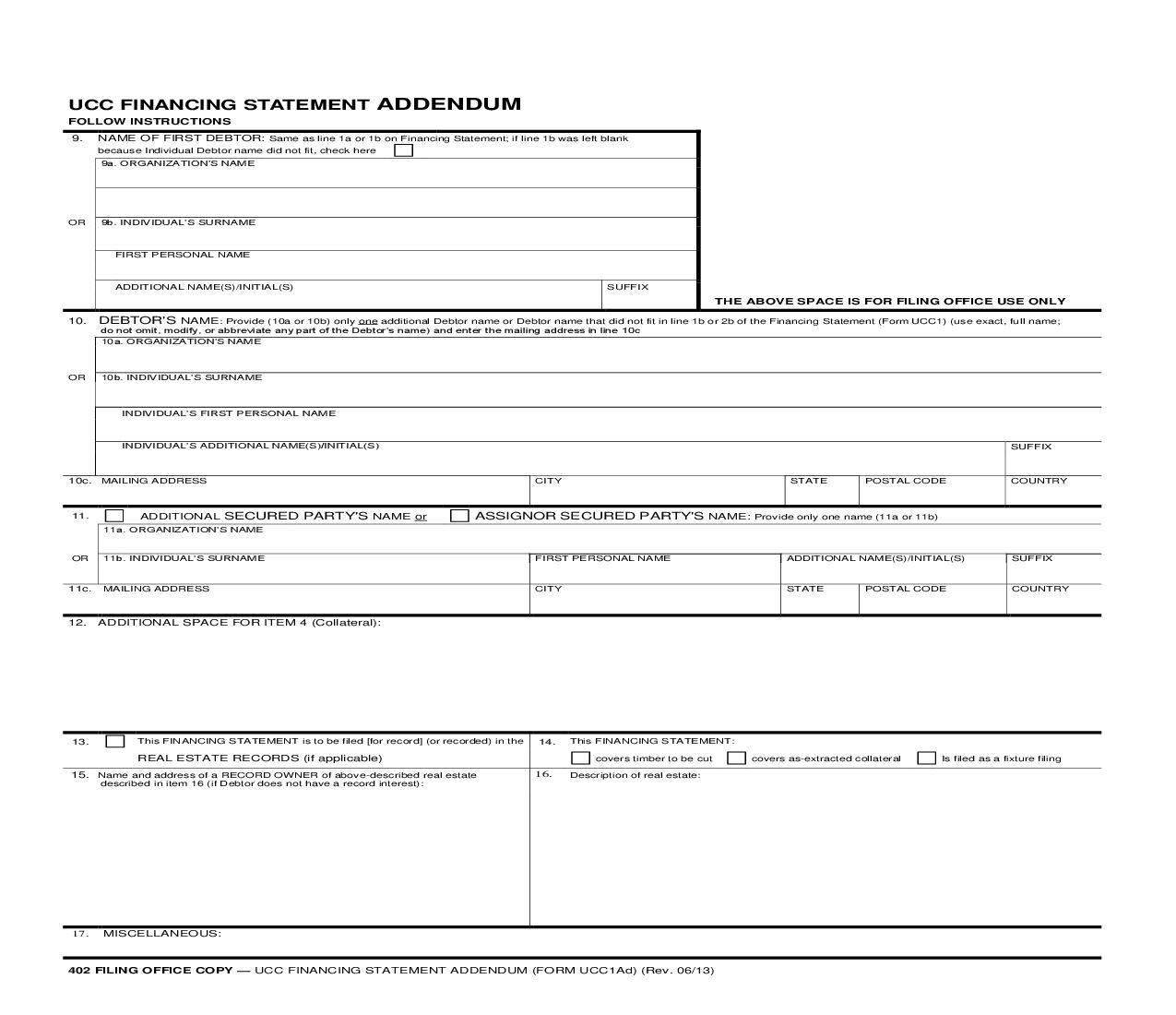 UCC-1Ad Financing Statement Addendum {UCC-1Ad 402} | Pdf Fpdf Doc Docx | Oregon
