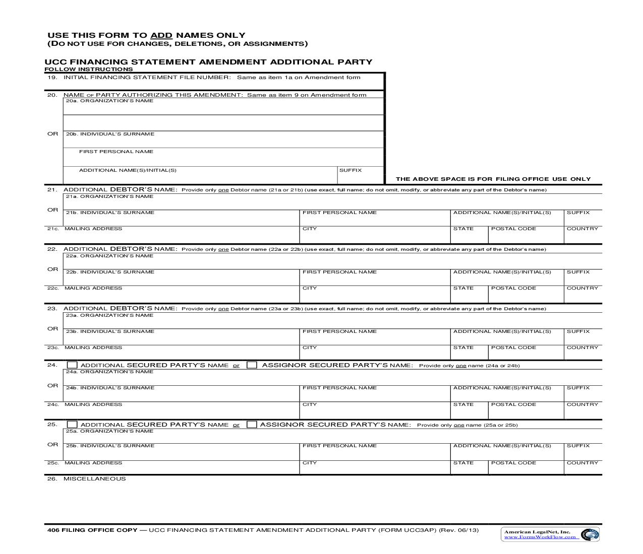 UCC-3AP Financing Statement Amendment Additional Party {UCC-3AP 406} | Pdf Fpdf Doc Docx | Oregon