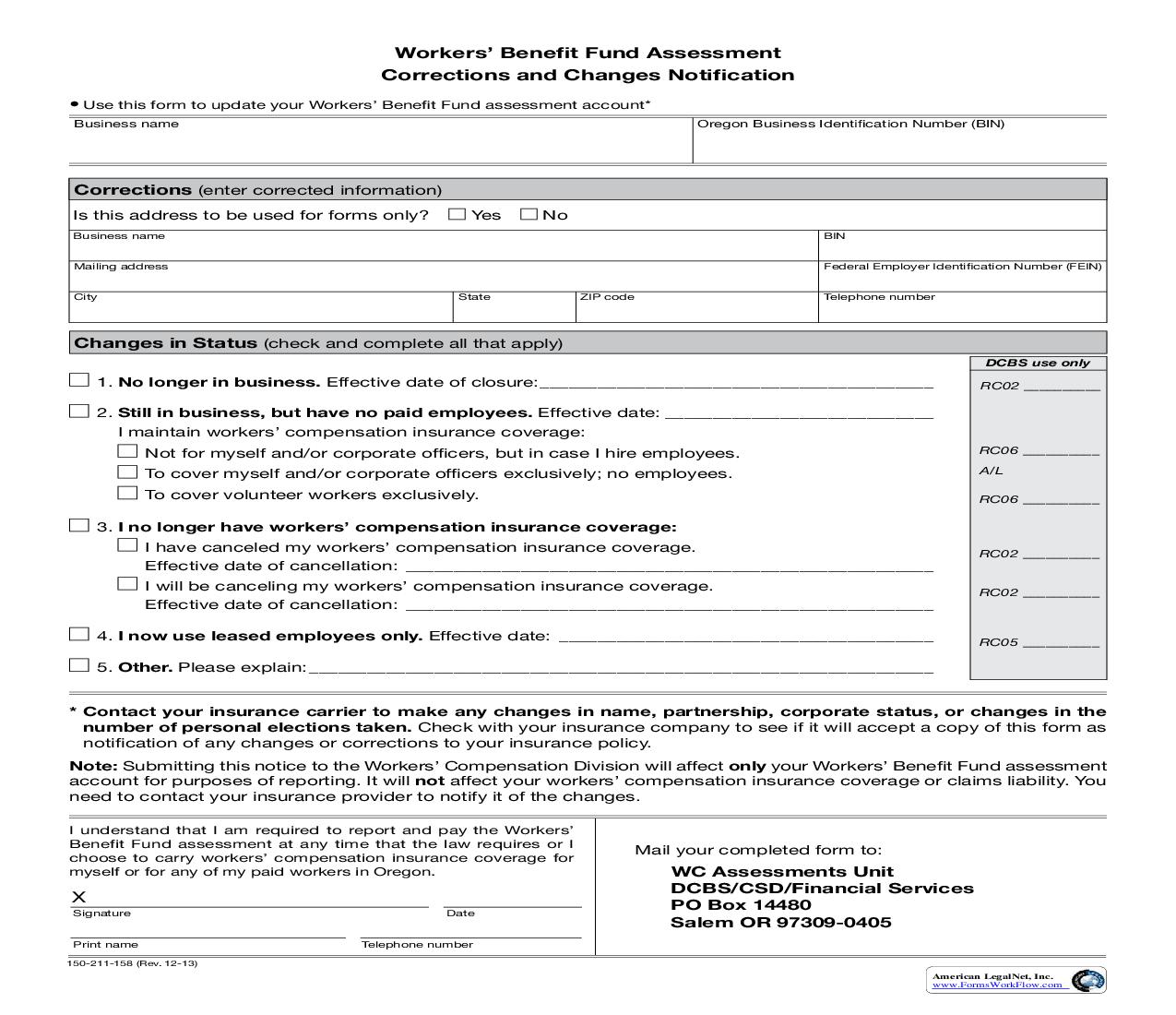 Workers Benefit Fund Assessment Corrections And Changes Notification {150-211-158} | Pdf Fpdf Doc Docx | Oregon