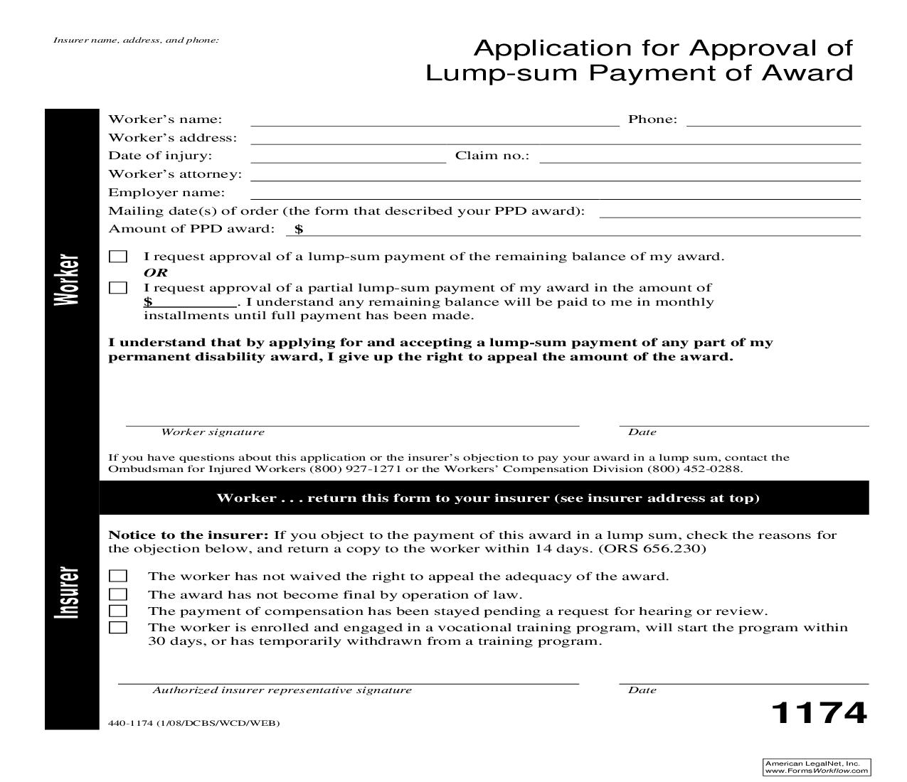 Application For Approval Of Lump Sum Payment Award {1174} | Pdf Fpdf Doc Docx | Oregon