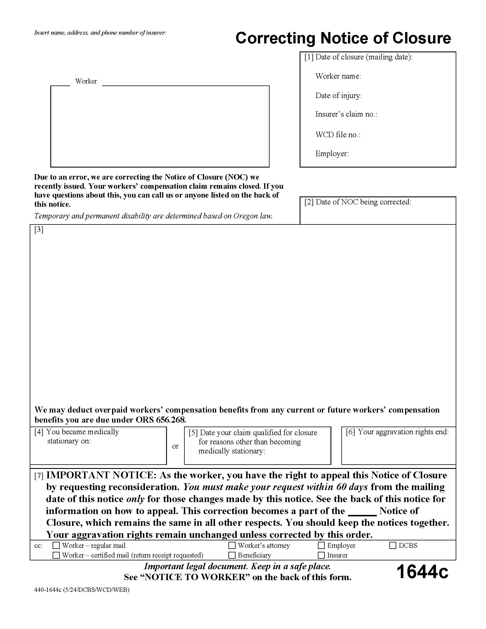 Correcting Notice Of Closure {1644c} | Pdf Fpdf Doc Docx | Oregon
