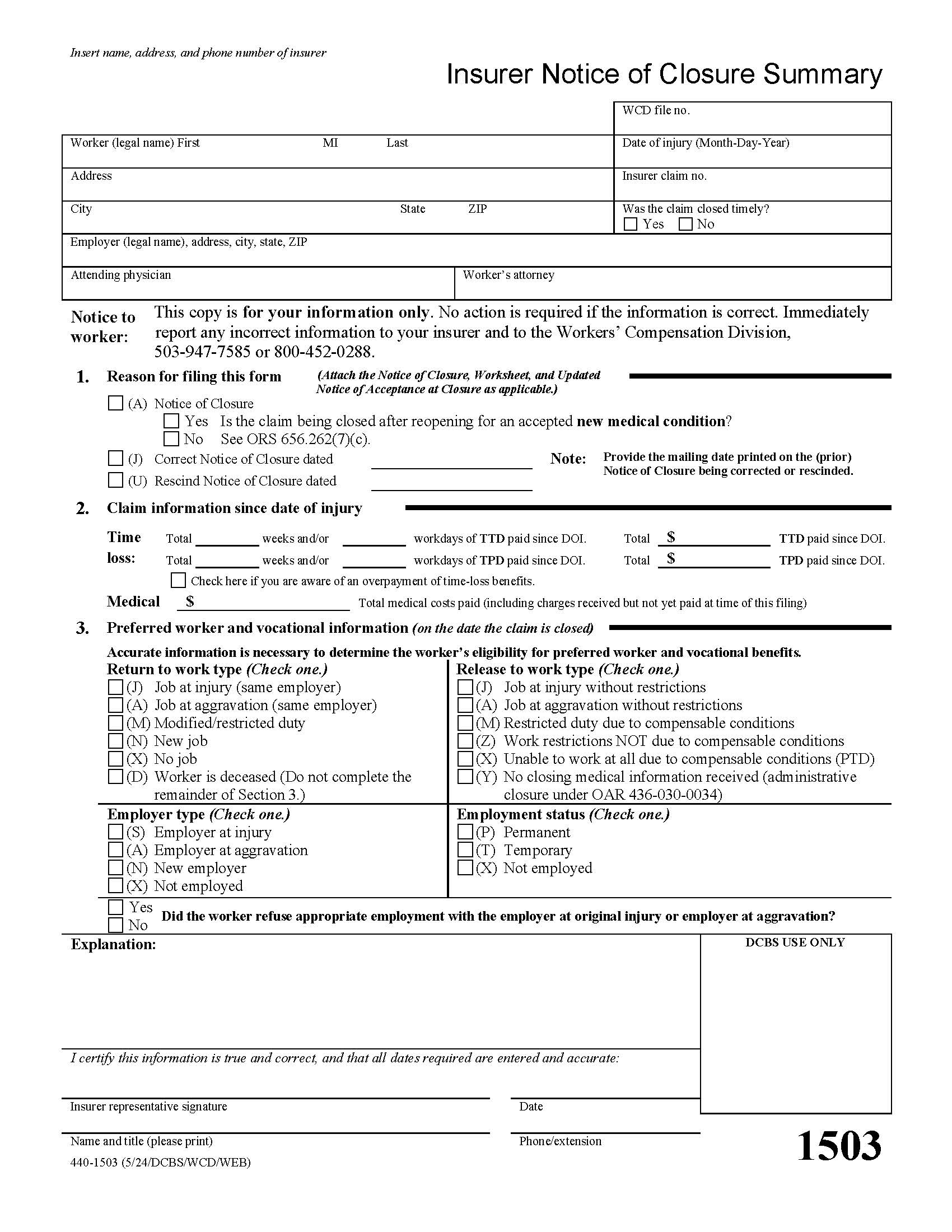 Insurer Notice Of Closure Summary {1503} | Pdf Fpdf Doc Docx | Oregon
