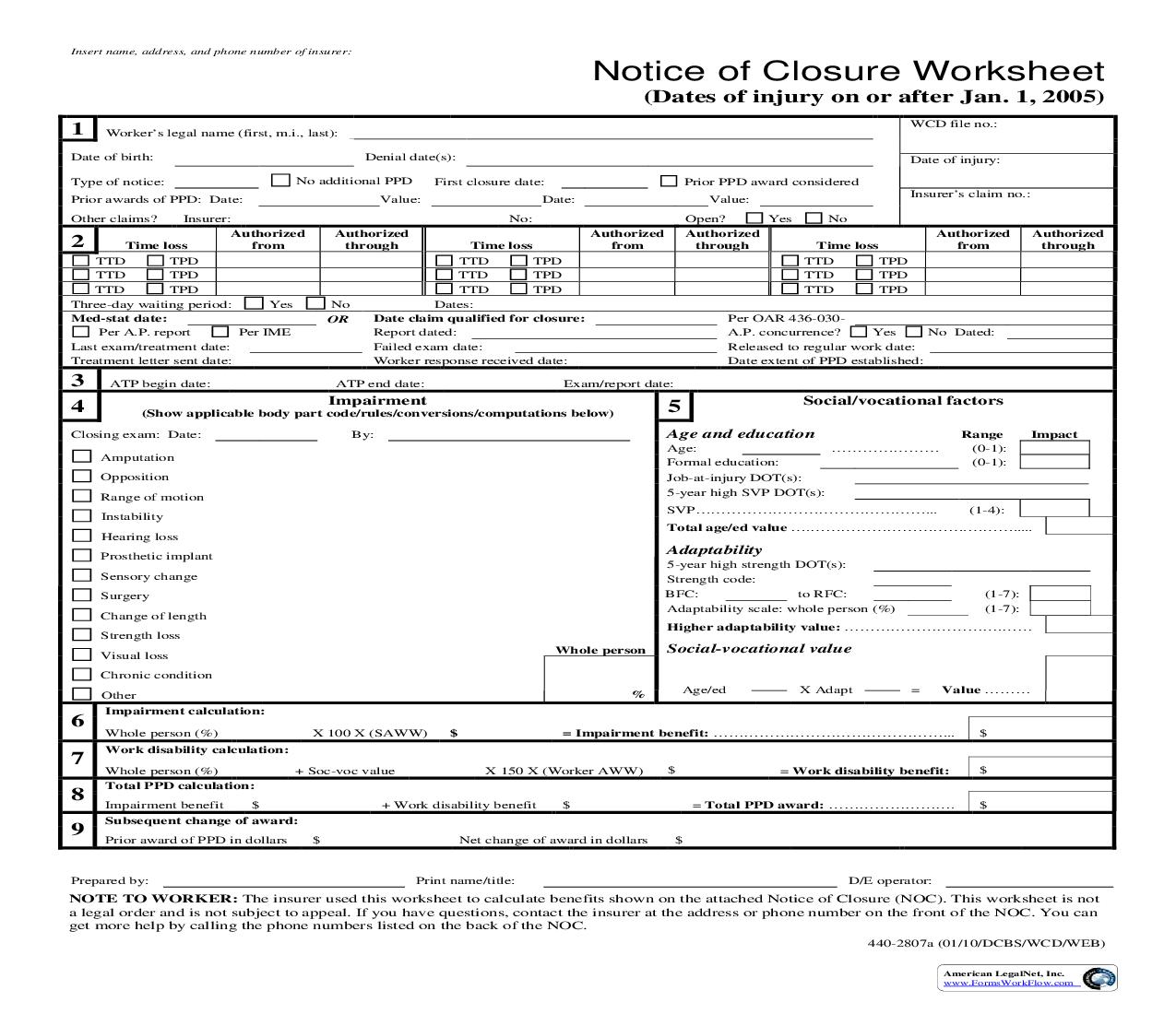 Insurer Notice of Closure Worksheet (Dates Of Injury On Or After January 1 2005) {2807a} | Pdf Fpdf Doc Docx | Oregon