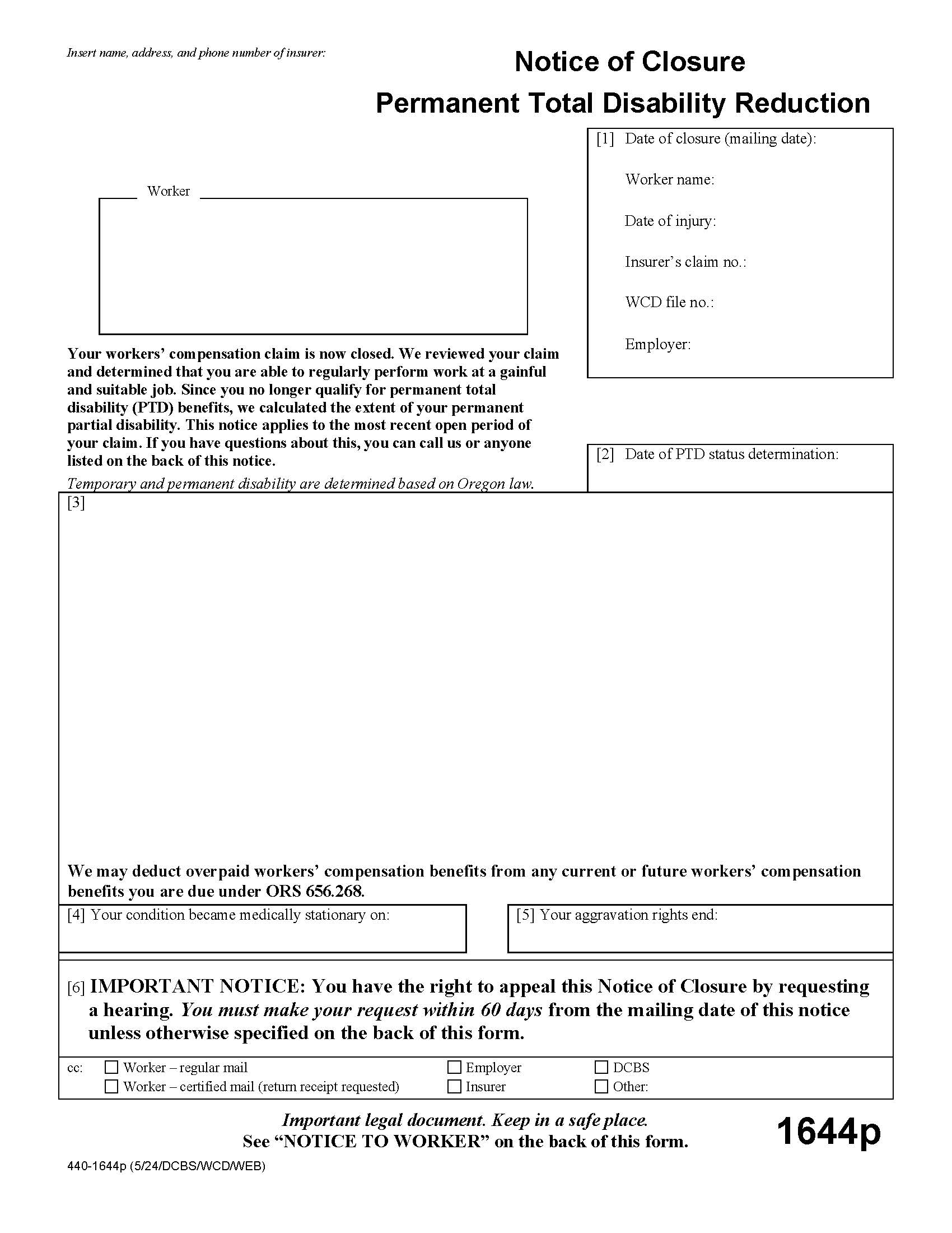 Notice Of Closure (Permanent Total Disability Reduction) {1644p} | Pdf Fpdf Doc Docx | Oregon