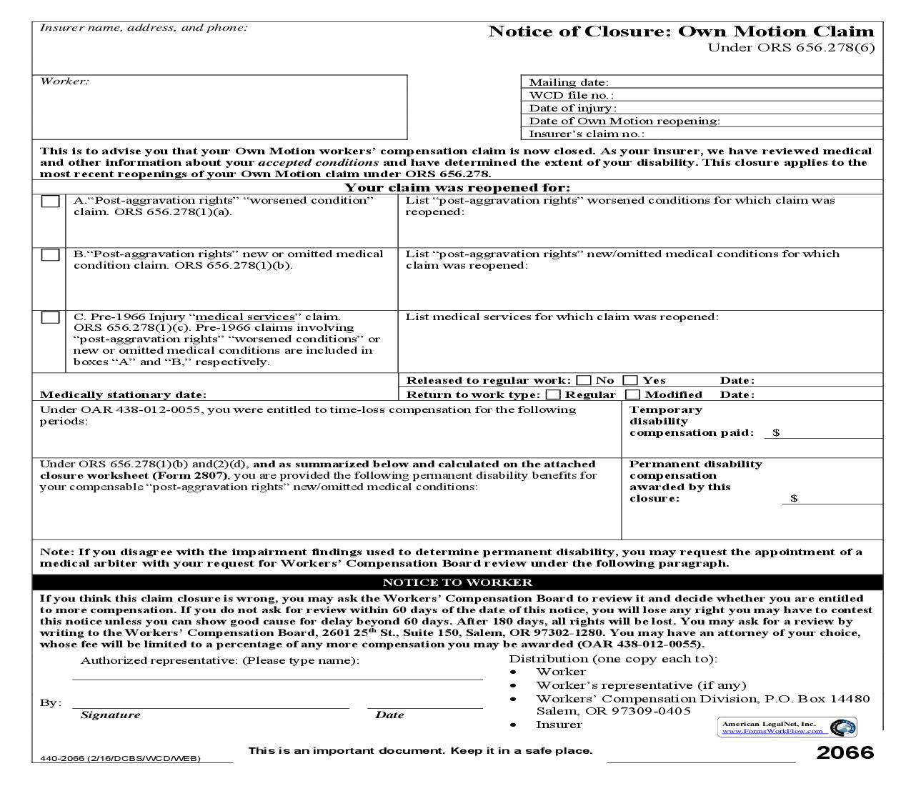 Notice Of Closure Own Motion Claim {2066} | Pdf Fpdf Doc Docx | Oregon