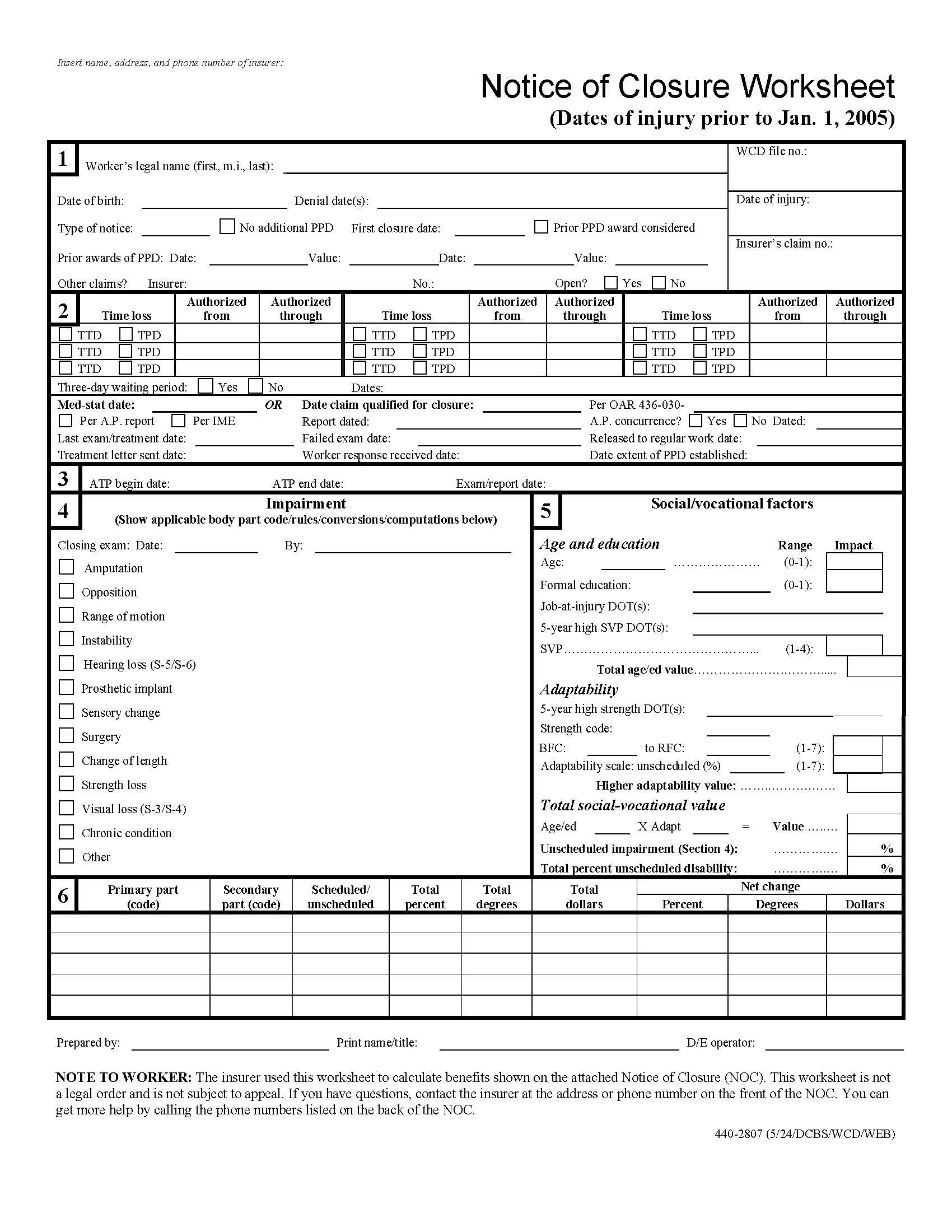 Notice Of Closure Worksheet {2807} | Pdf Fpdf Doc Docx | Oregon