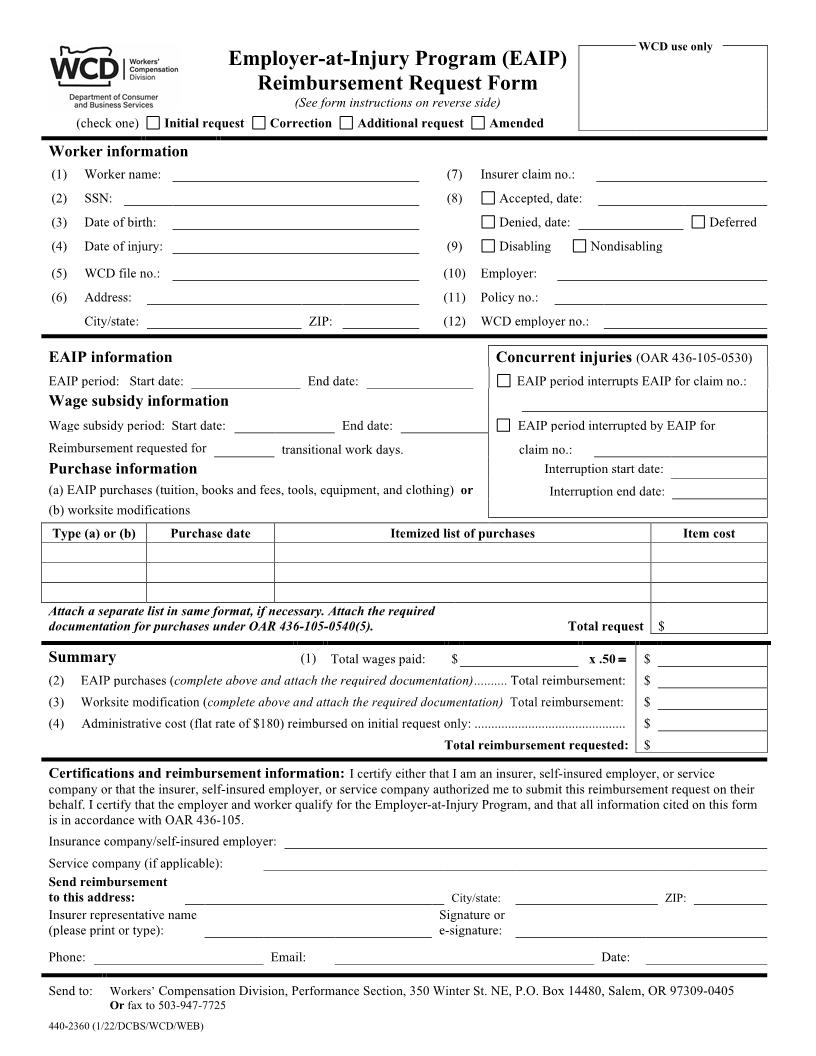 Employer At Injury Program Reimbursement Request {2360} | Pdf Fpdf Docx | Oregon