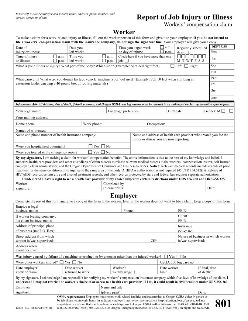 Report Of Injury Or Illness {801} | Pdf Fpdf Docx | Oregon