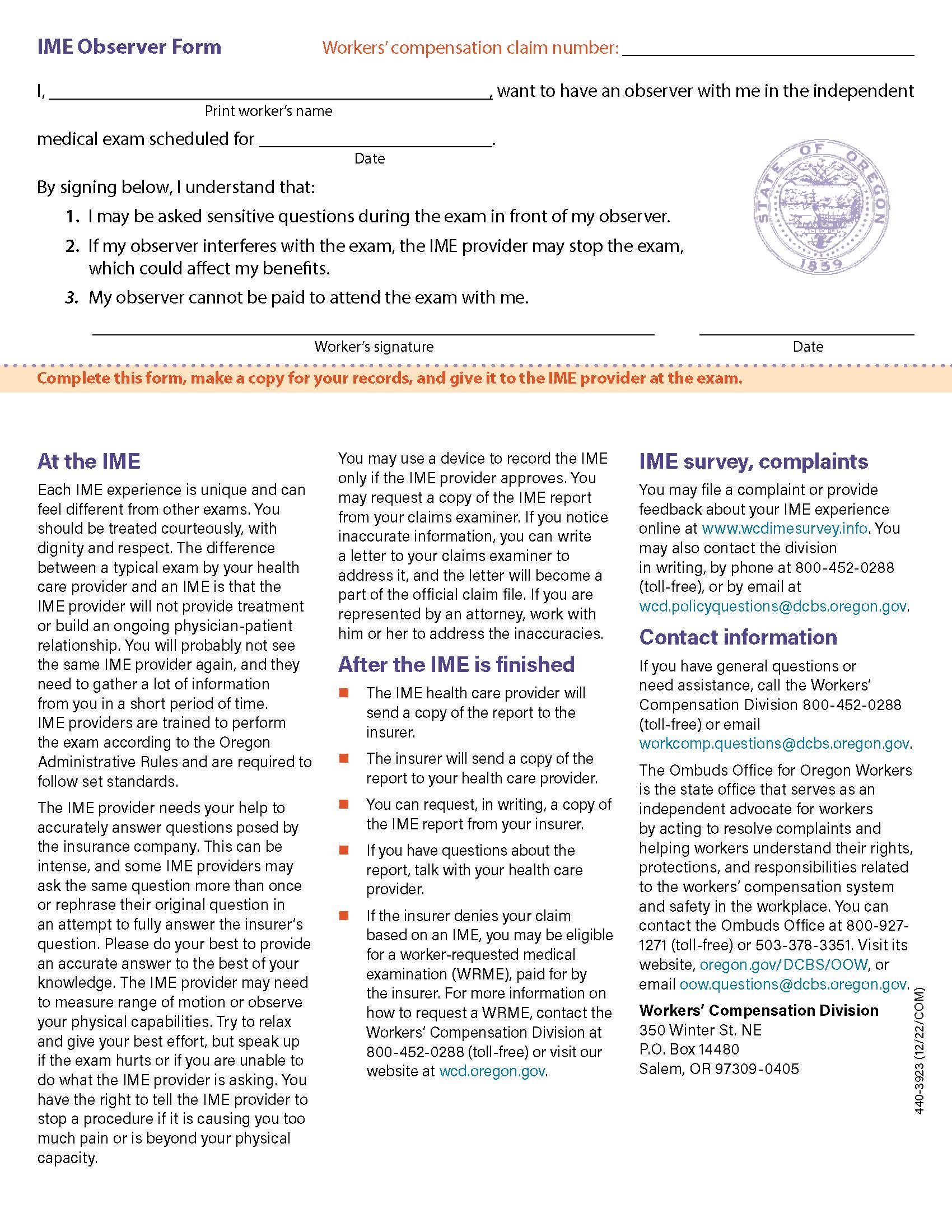 IME Observer Form {3923a} | Pdf Fpdf Doc Docx | Oregon