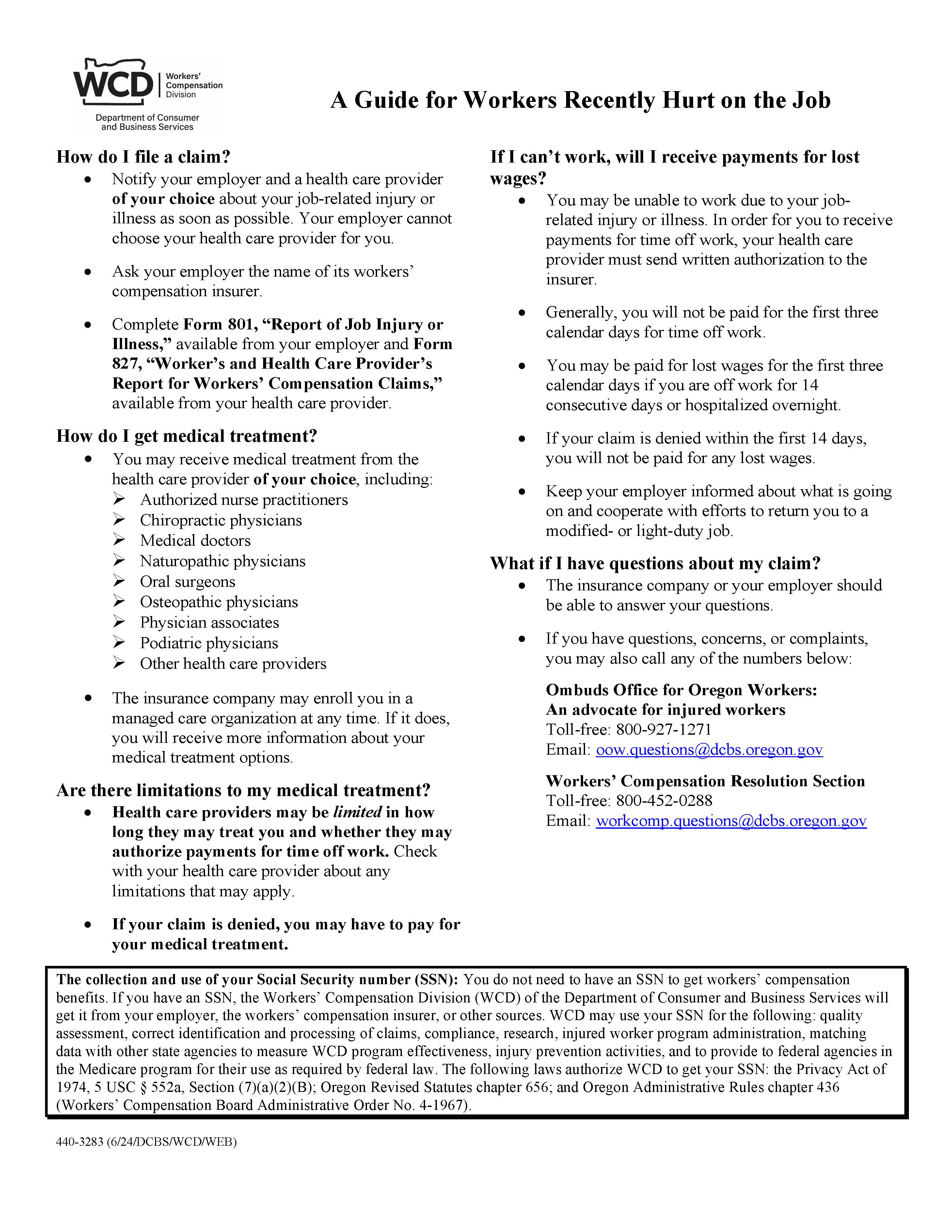 Information Page For Injured Employee {440-3283} | Pdf Fpdf Docx | Oregon