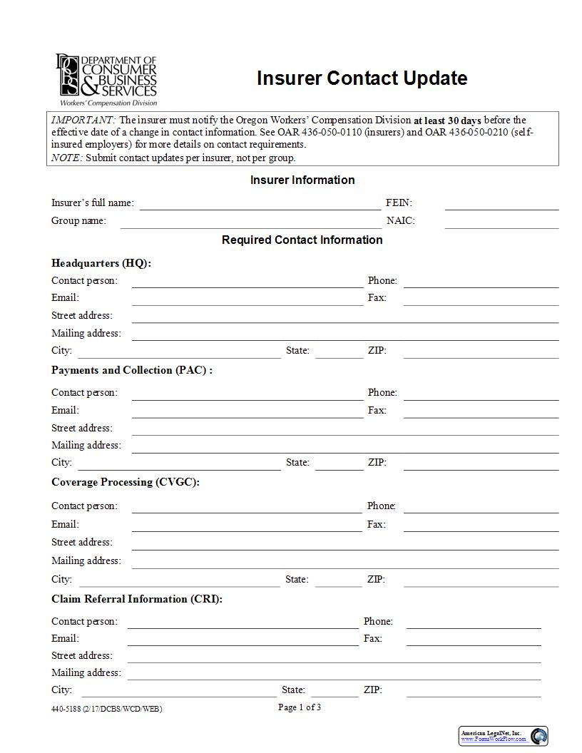 Insurer Contact Update {5188} | Pdf Fpdf Docx | Oregon
