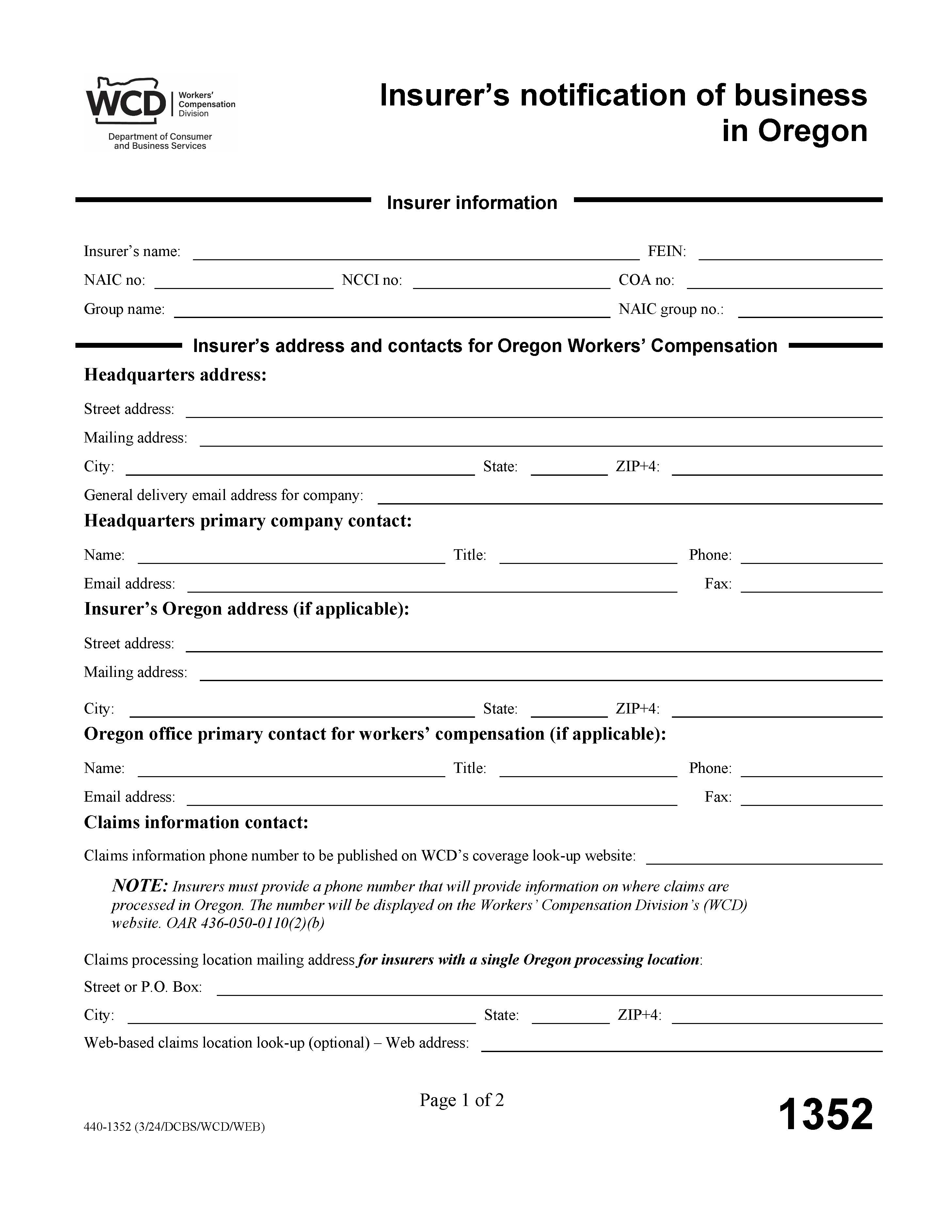 Insurers Notification Of Business In Oregon {1352} | Pdf Fpdf Docx | Oregon
