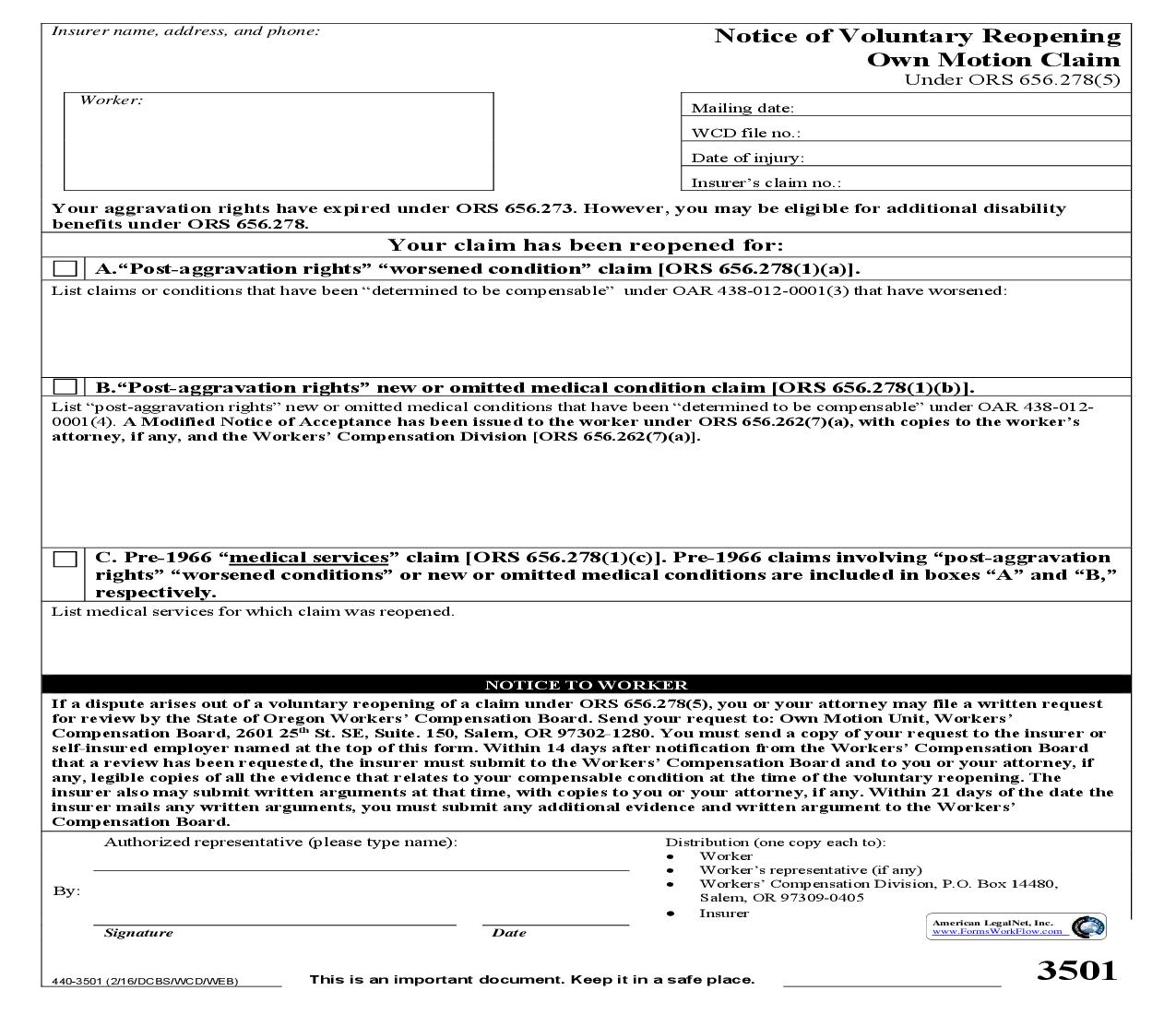 Notice Of Voluntary Reopening Own Motion Claim {3501} | Pdf Fpdf Doc Docx | Oregon