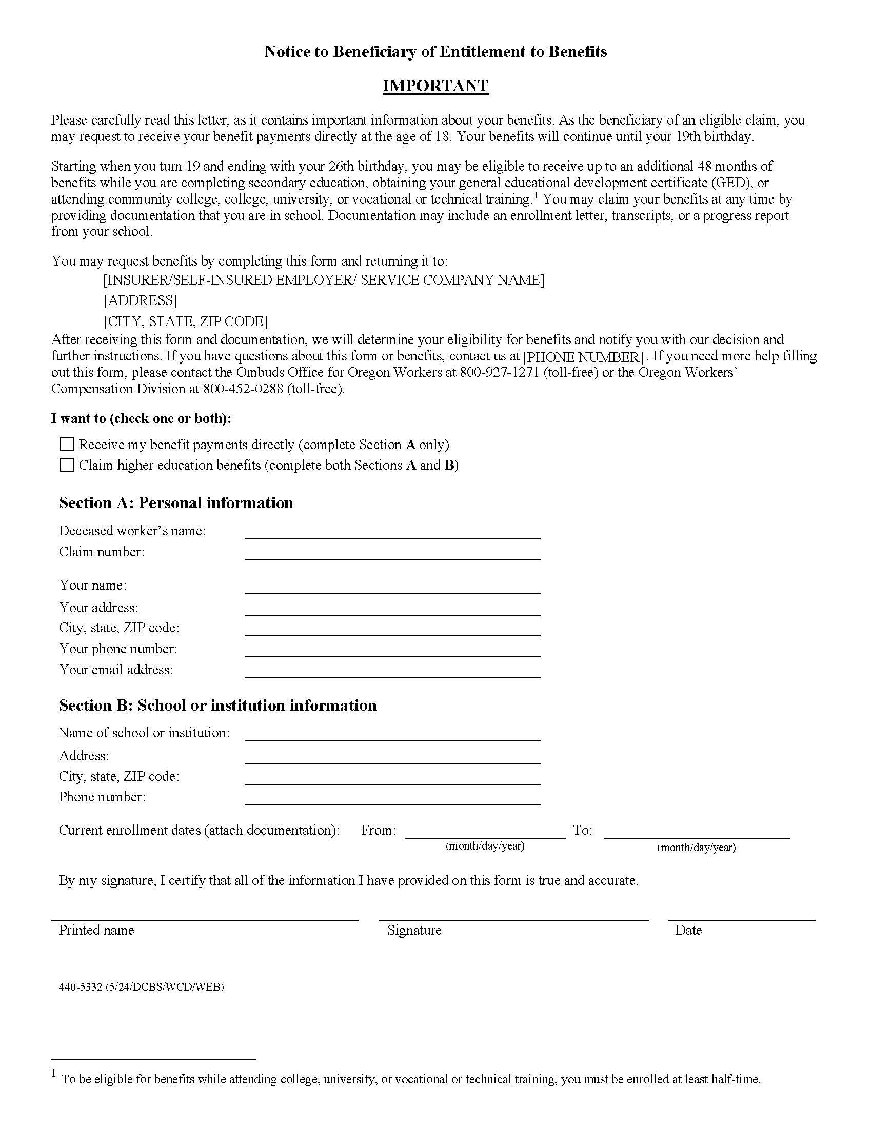 Notice To Beneficiary Of Entitlement To Benefits{5332} | Pdf Fpdf Docx | Oregon