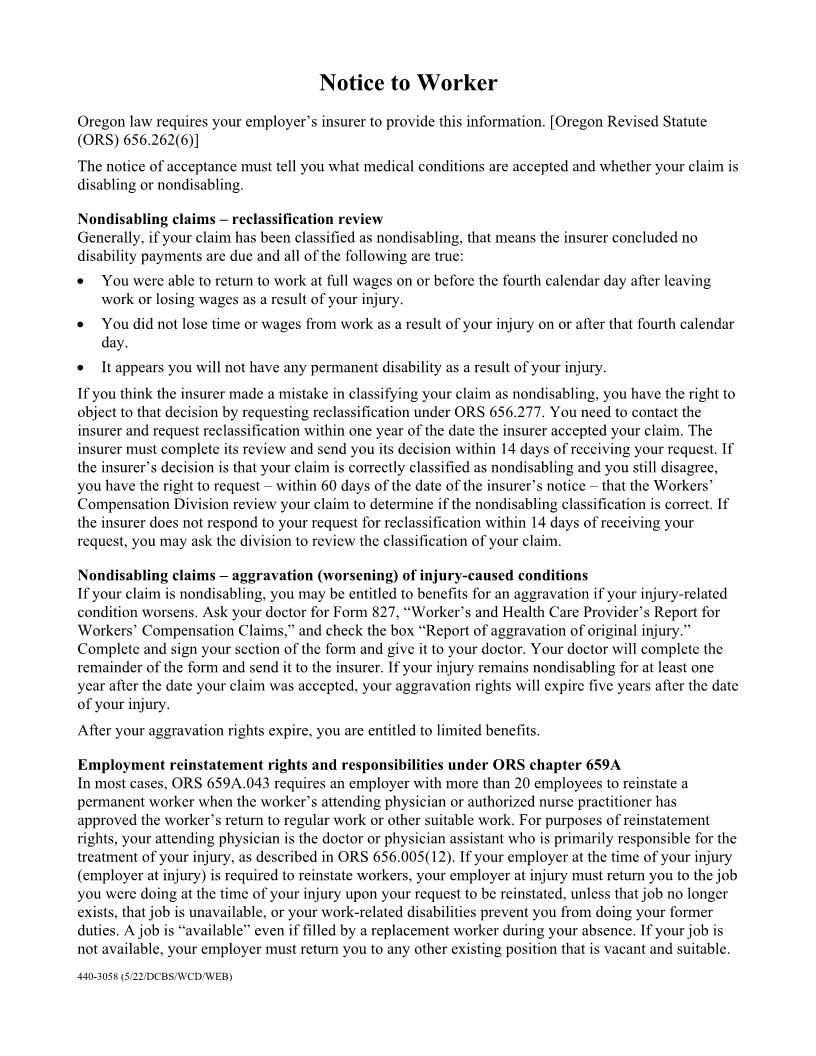 Notice To Worker {440-3058} | Pdf Fpdf Docx | Oregon