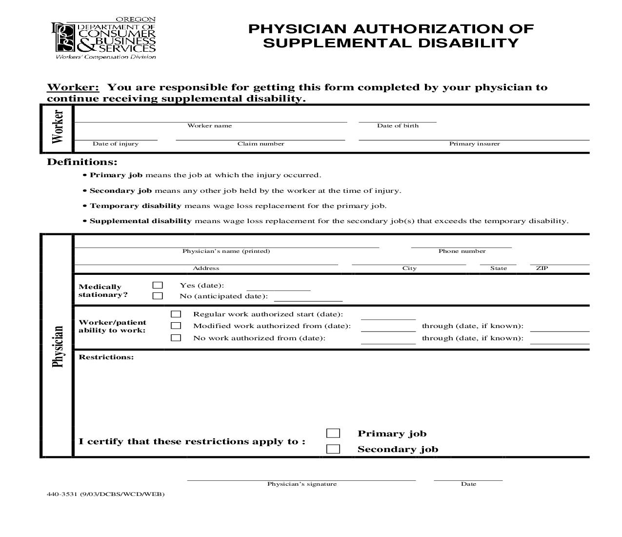 Physician Authorization Of Supplemental Disability {3531} | Pdf Fpdf Doc Docx | Oregon