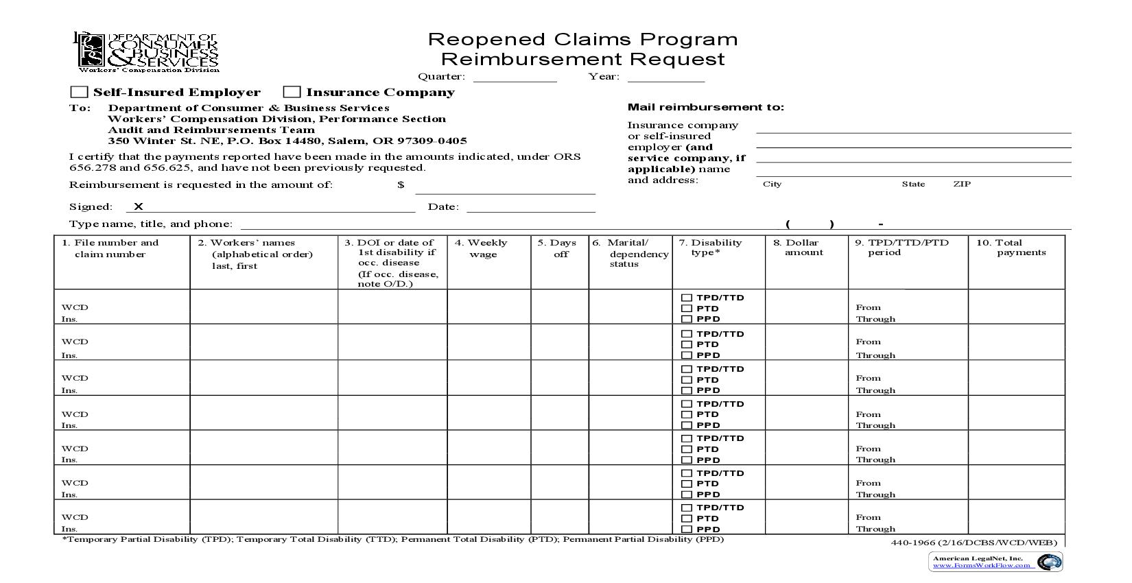 Reopened Claims Program Reimbursement Request {1966} | Pdf Fpdf Doc Docx | Oregon