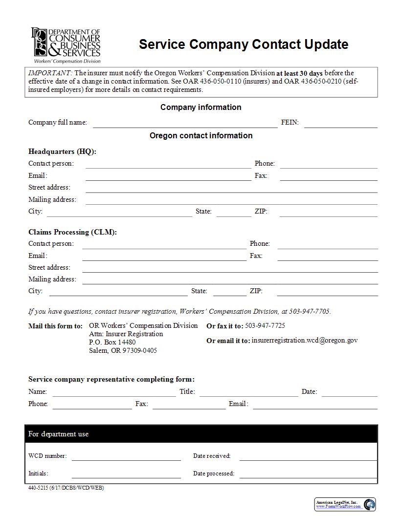 Service Company Contact Update {5215} | Pdf Fpdf Docx | Oregon