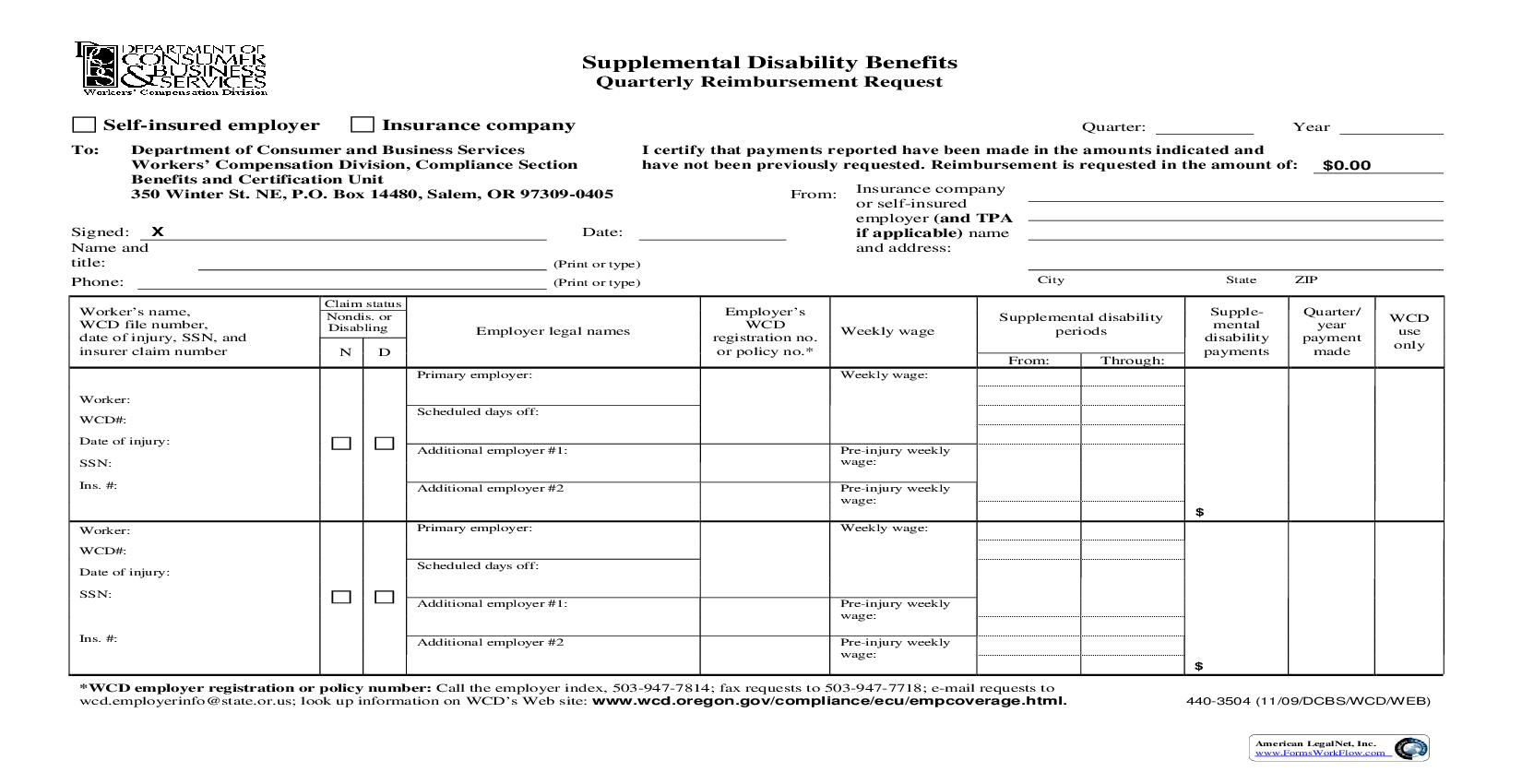 Supplemental Disability Benefits Quarterly Reimbursement Request {3504} | Pdf Fpdf Doc Docx | Oregon