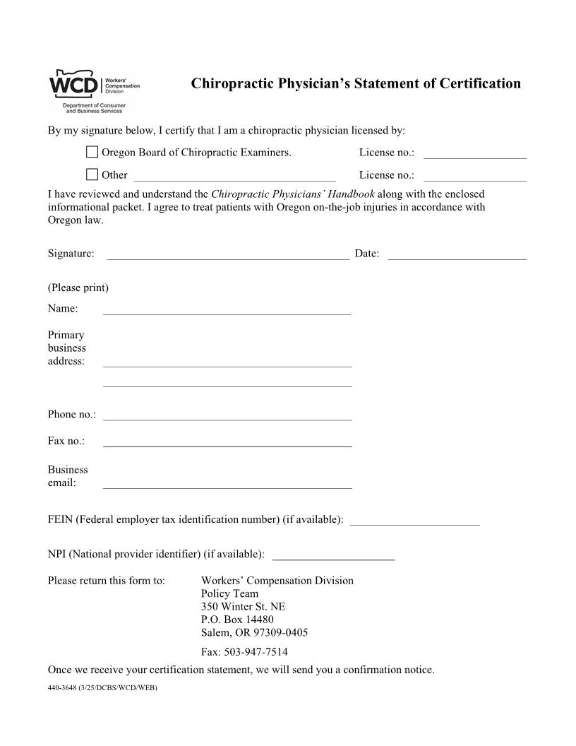 Chiropractic Physicians Statement Of Certification {3648} | Pdf Fpdf Docx | Oregon