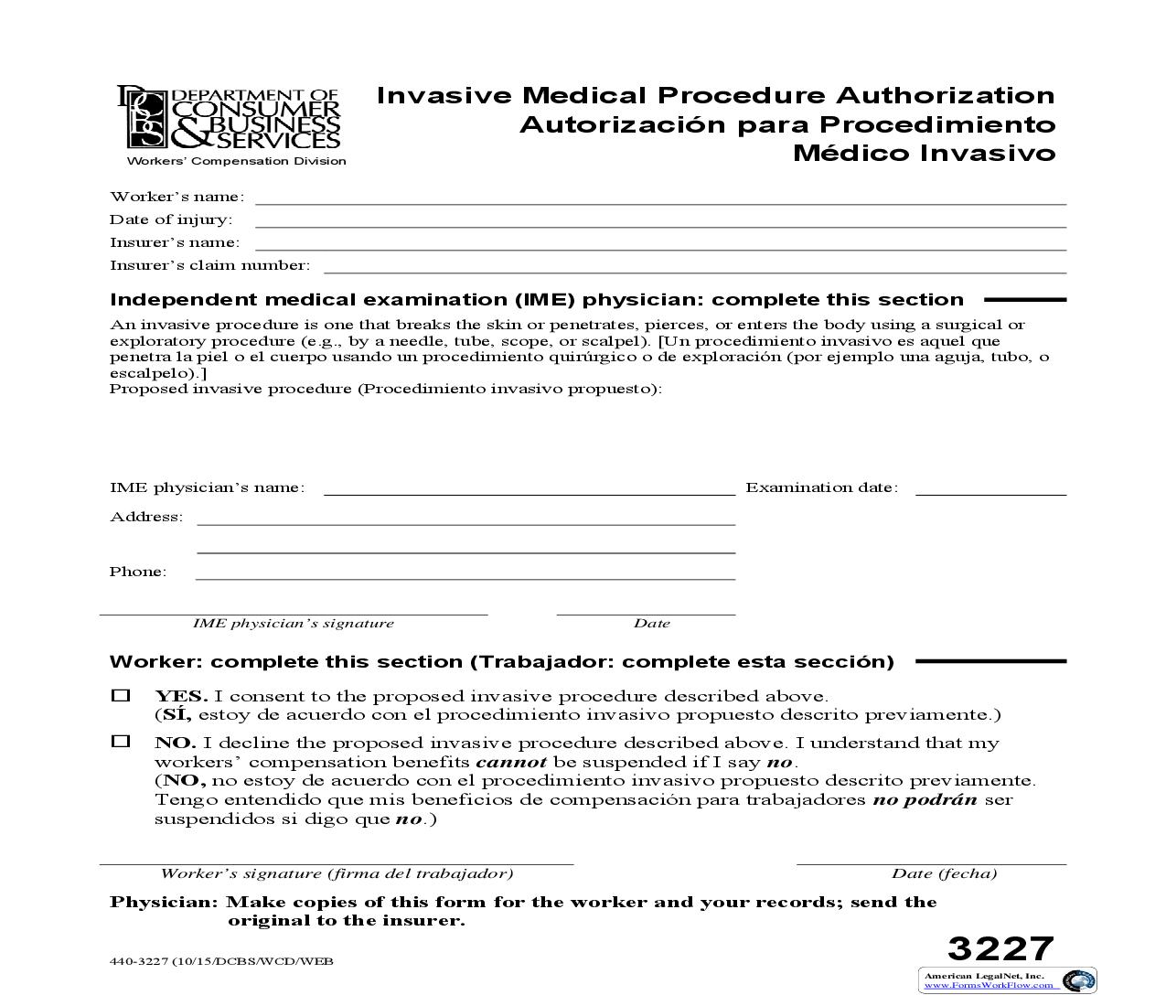 Invasive Medical Procedure Authorization {3227} | Pdf Fpdf Doc Docx | Oregon