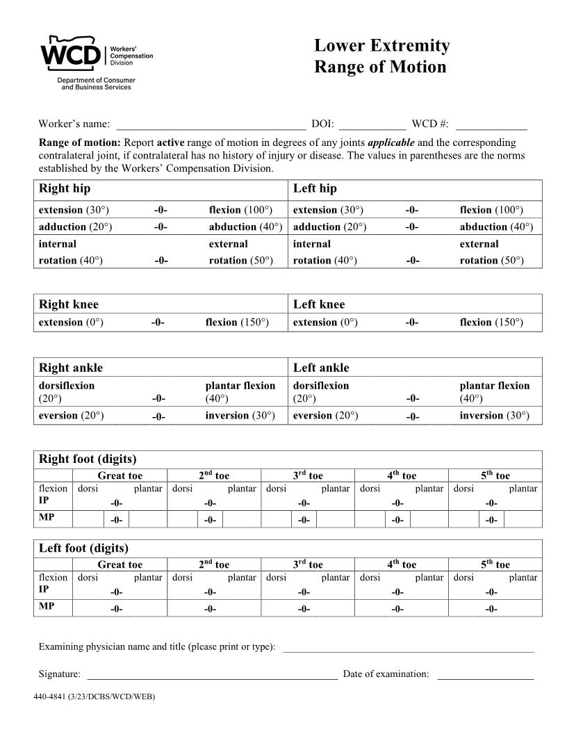 Lower Extremity Range Of Motion {4841} | Pdf Fpdf Doc Docx | Oregon