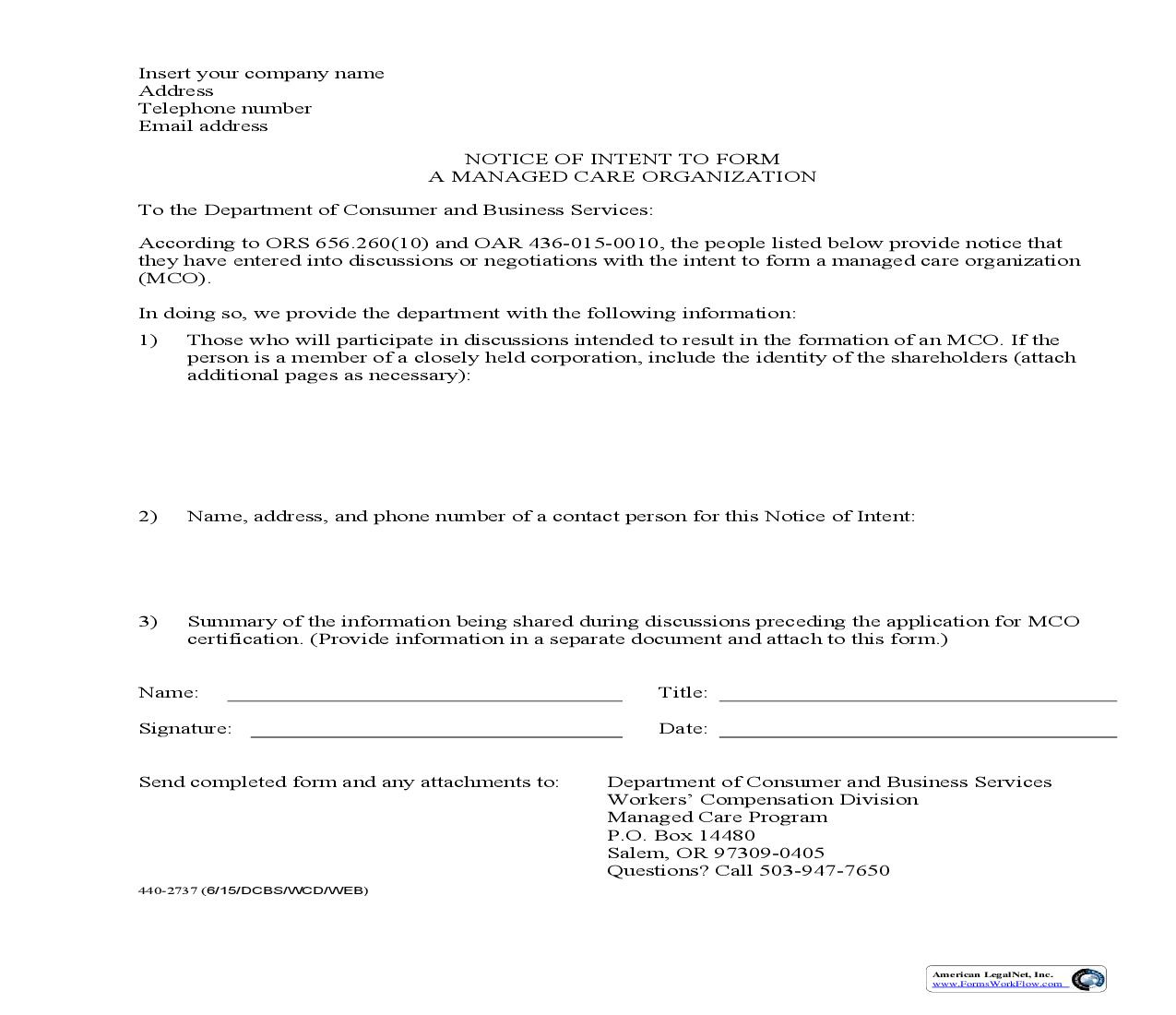 Notice Of Intent To Form A Managed Care Organization {2737} | Pdf Fpdf Doc Docx | Oregon