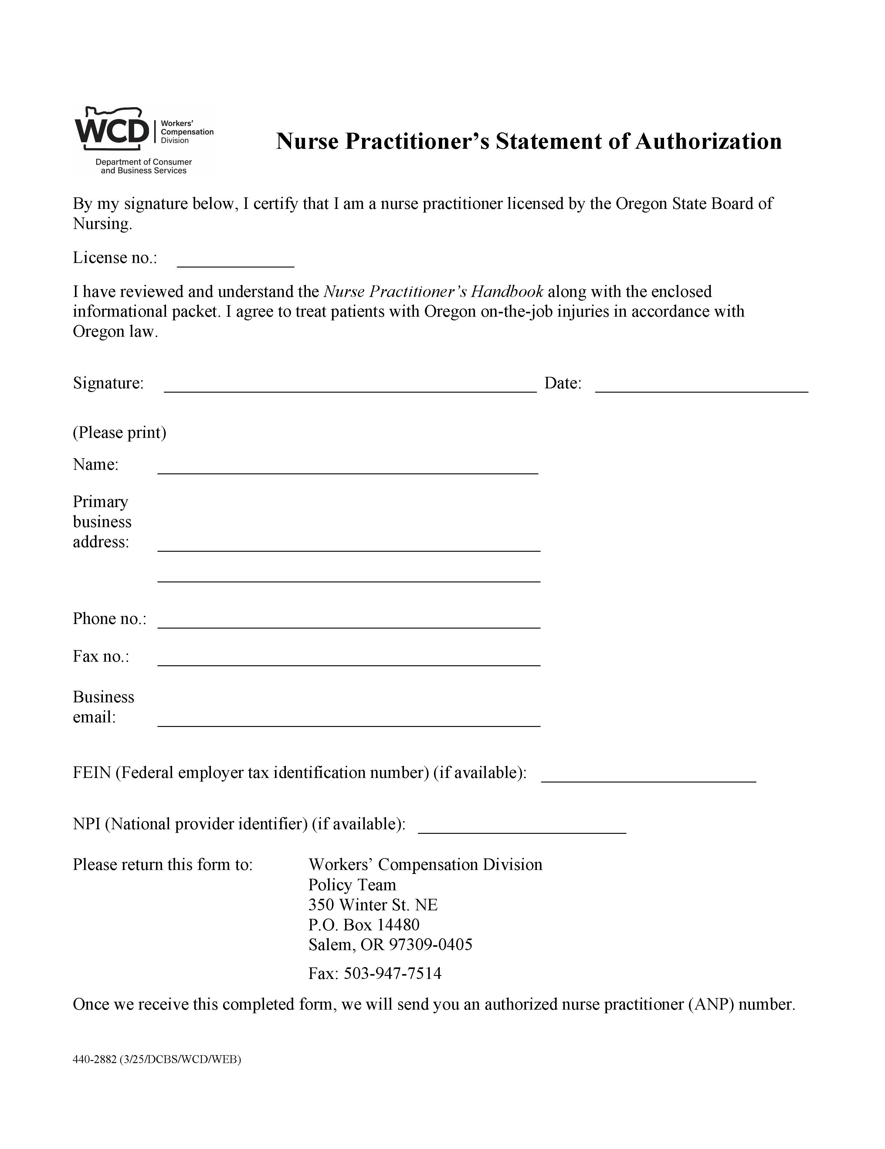 Nurse Practitioners Statement Of Authorization {2882} | Pdf Fpdf Docx | Oregon