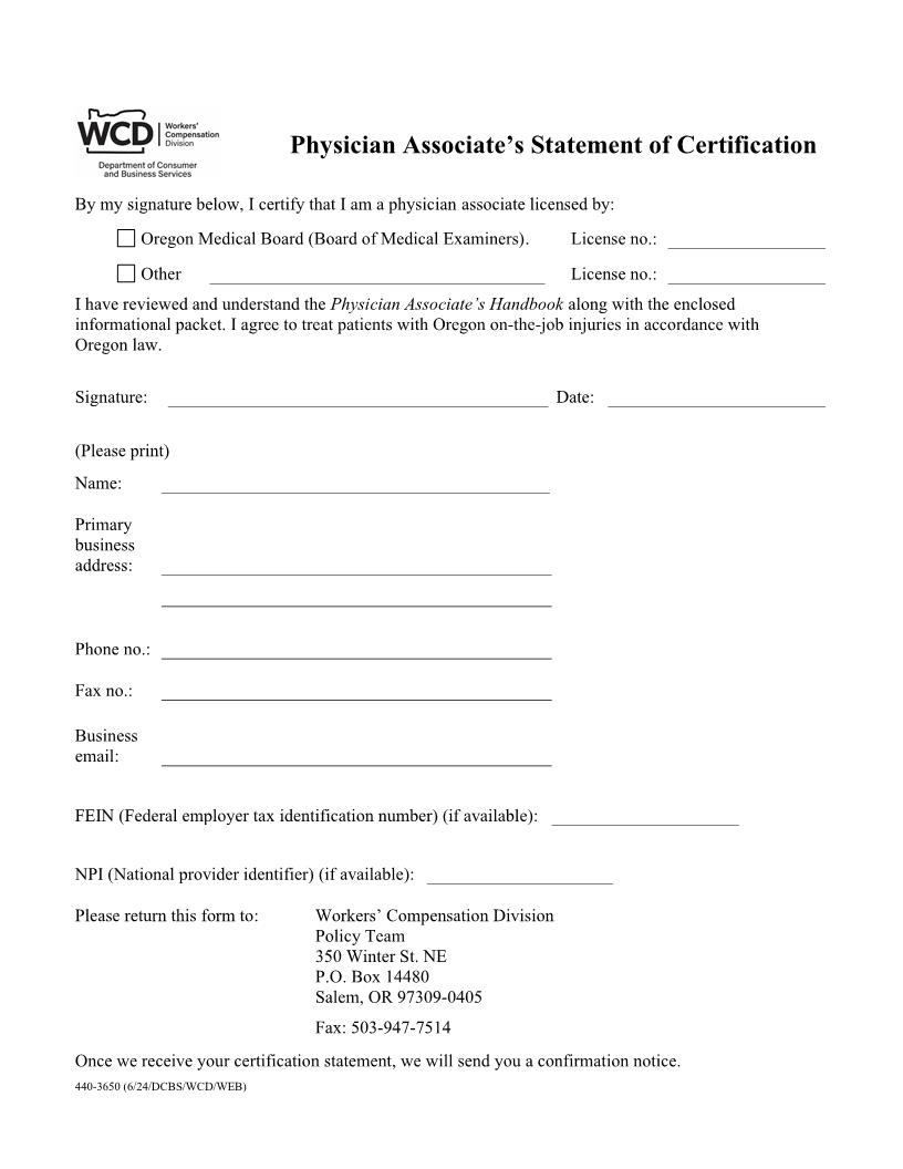 Physician Assistants Statement Of Certification {3650} | Pdf Fpdf Docx | Oregon