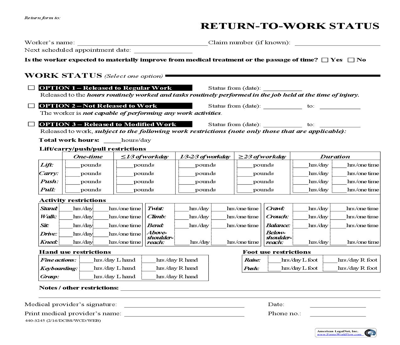 Release To Return To Work {3245} | Pdf Fpdf Doc Docx | Oregon