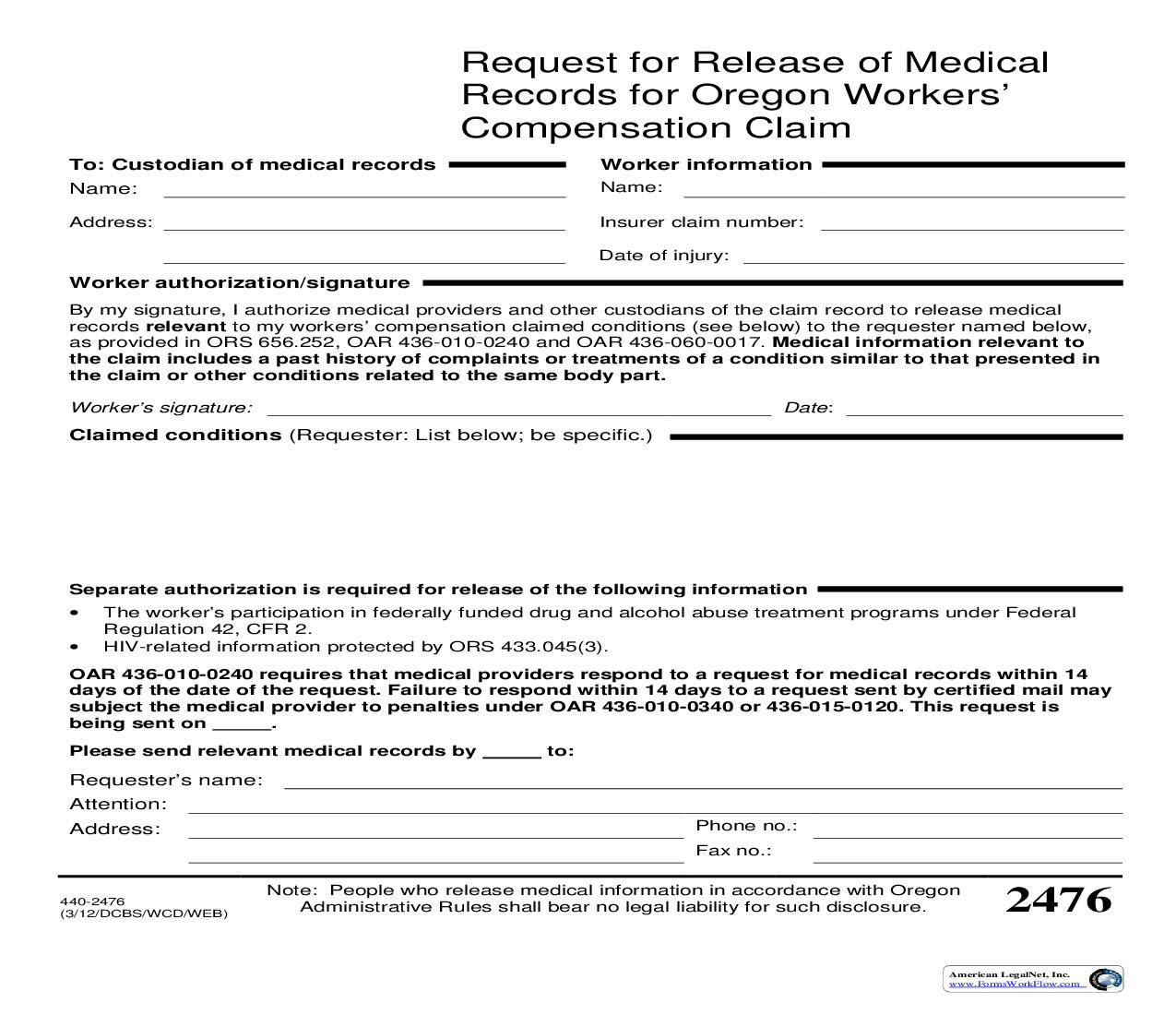 Request For Release Of Medical Records For Oregon Workers Compensation Claim {2476} | Pdf Fpdf Doc Docx | Oregon