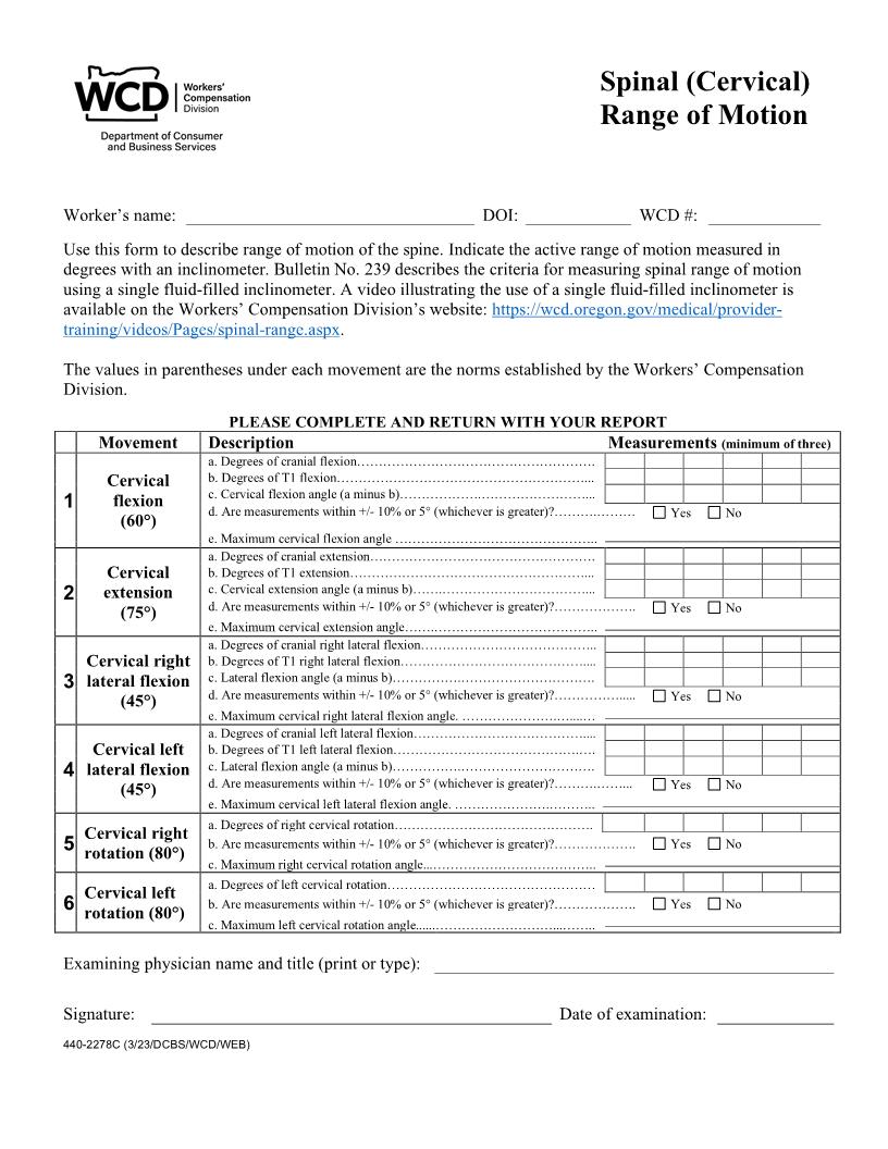 Spinal (Cervical) Range Of Motion {2278C} | Pdf Fpdf Doc Docx | Oregon