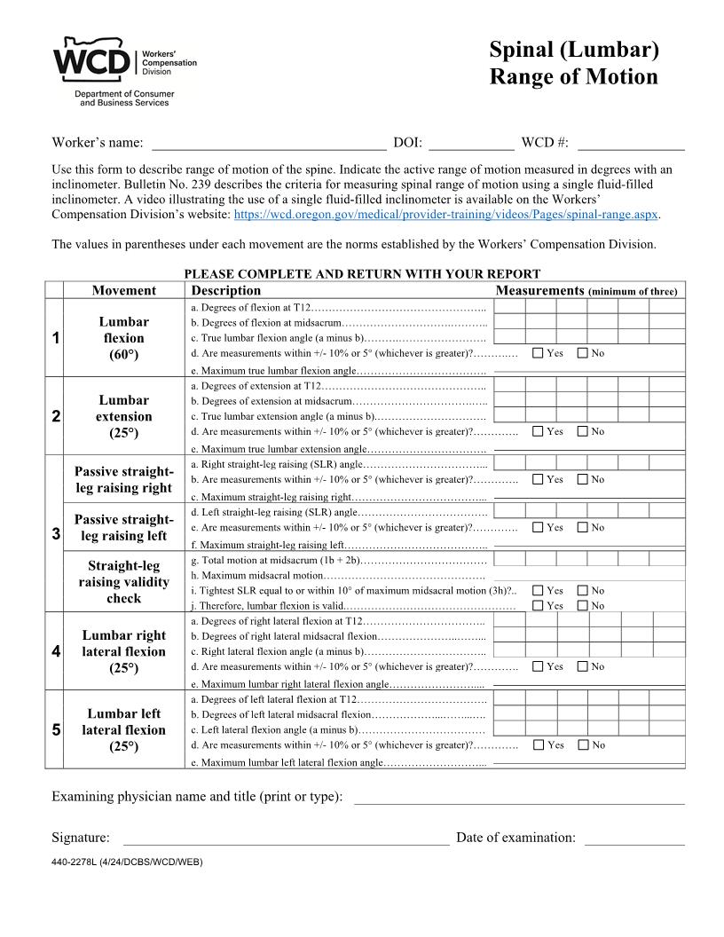 Spinal (Lumbar) Range Of Motion {2278L} | Pdf Fpdf Doc Docx | Oregon
