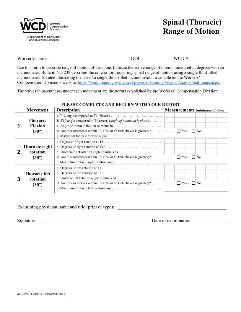 Spinal (Thoracic) Range Of Motion {2278T} | Pdf Fpdf Doc Docx | Oregon