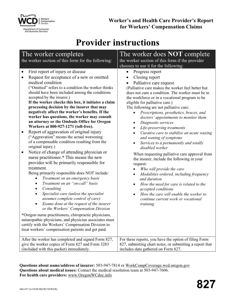 Workers And Physicians Report For Workers Compensation Claims {827} | Pdf Fpdf Doc Docx | Oregon