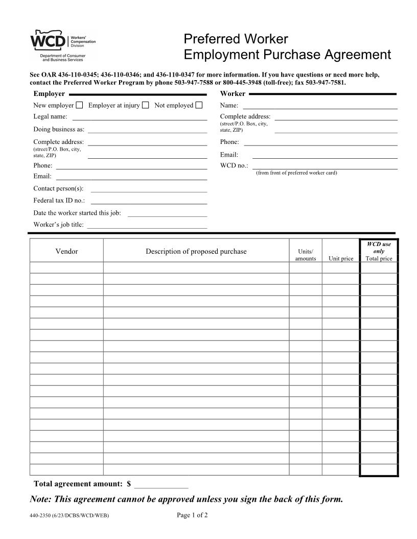 Preferred Worker Employment Purchase Agreement {2350} | Pdf Fpdf Doc Docx | Oregon