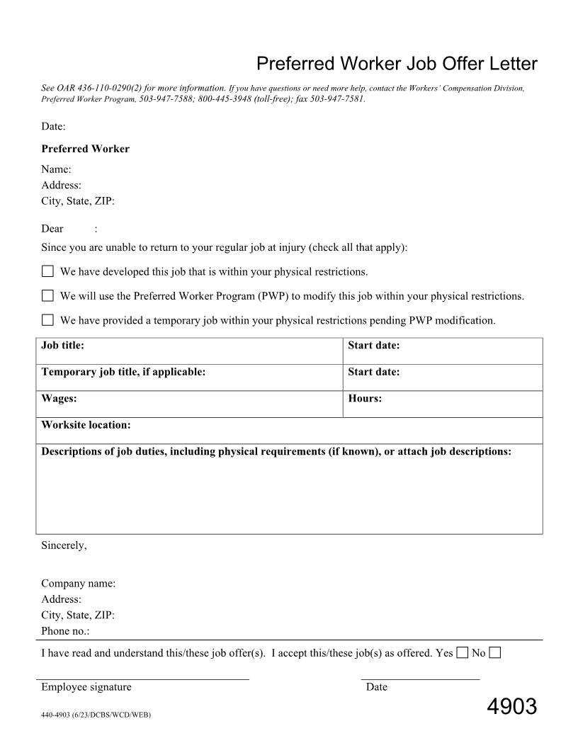 Preferred Worker Job Offer Letter {4903} | Pdf Fpdf Doc Docx | Oregon