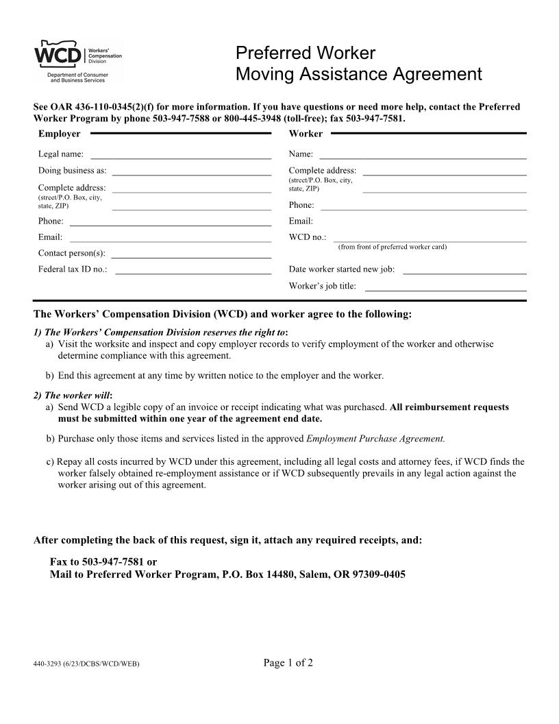 Preferred Worker Moving Assistance Agreement {3293} | Pdf Fpdf Doc Docx | Oregon